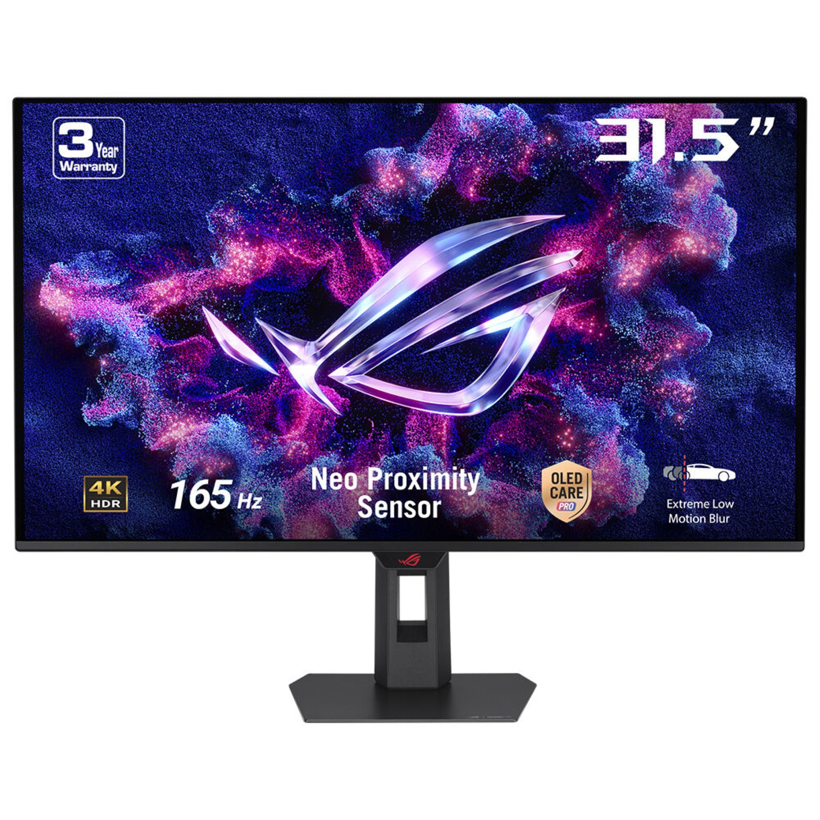 Monitor 31,5 cala wyświetla żywy, abstrakcyjny obraz z logo ROG i specyfikacjami.
