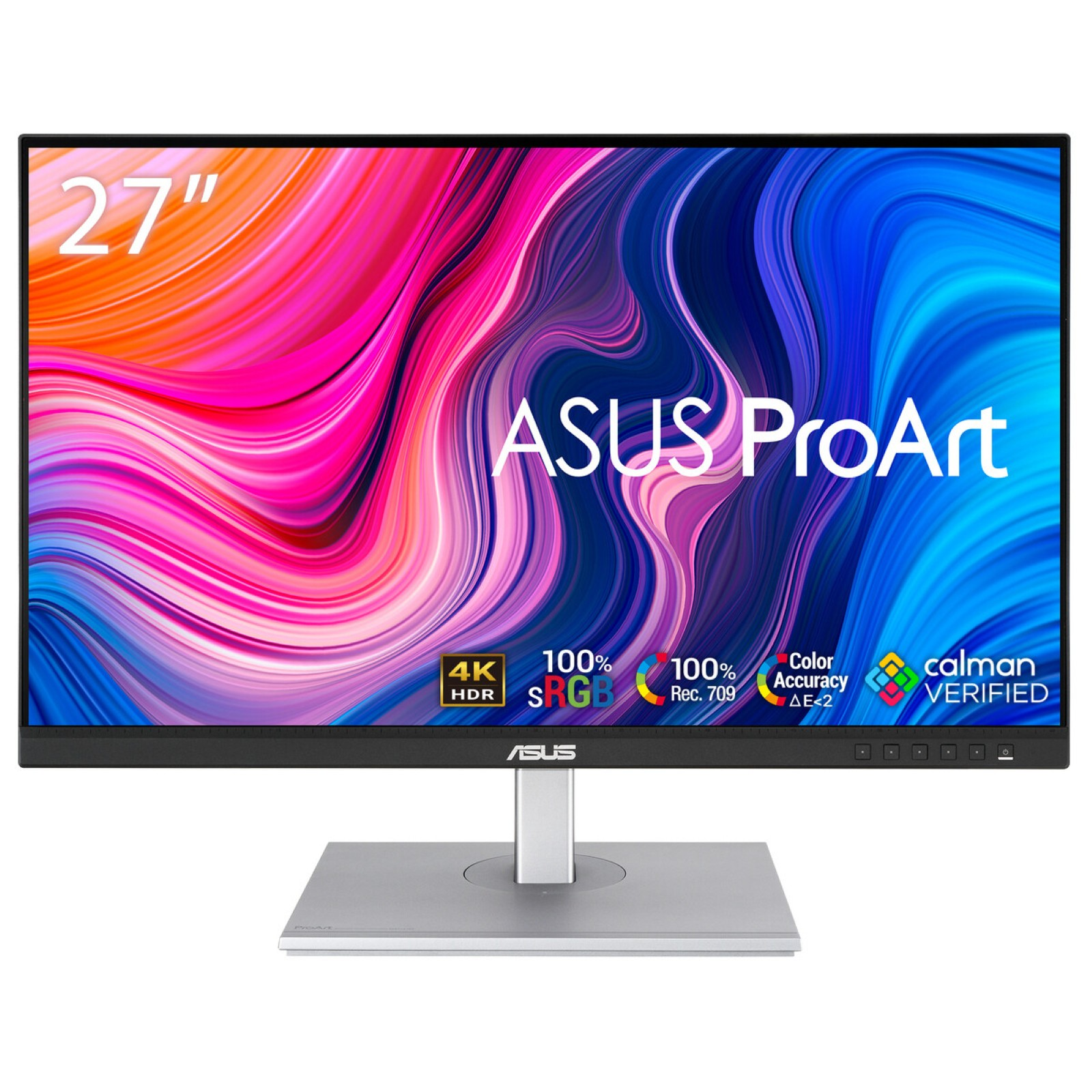27-calowy monitor Asus ProArt 4K HDR z żywym tłem i logo.
