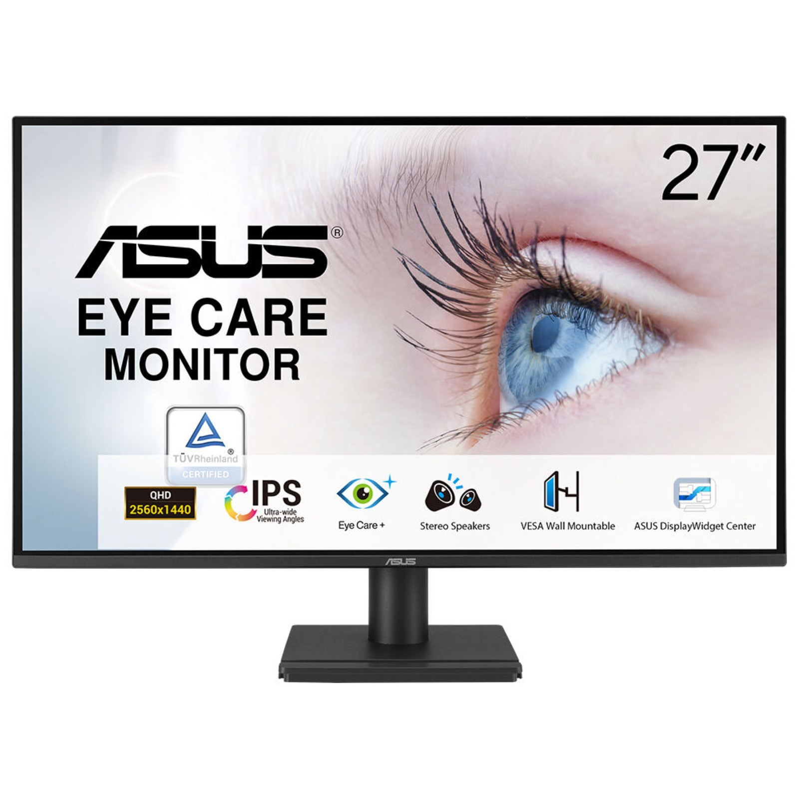 Monitor ASUS Eye Care 27" z QHD, IPS, głośnikami stereo i mocowaniem VESA.