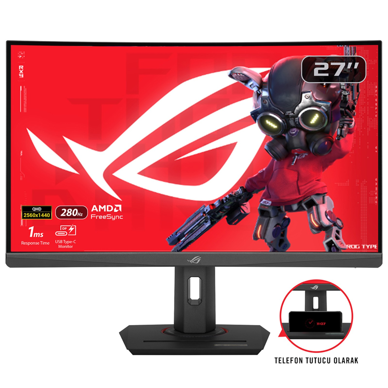 27-calowy monitor gamingowy z czerwonym tłem, logo ROG i postacią cybernetyczną.