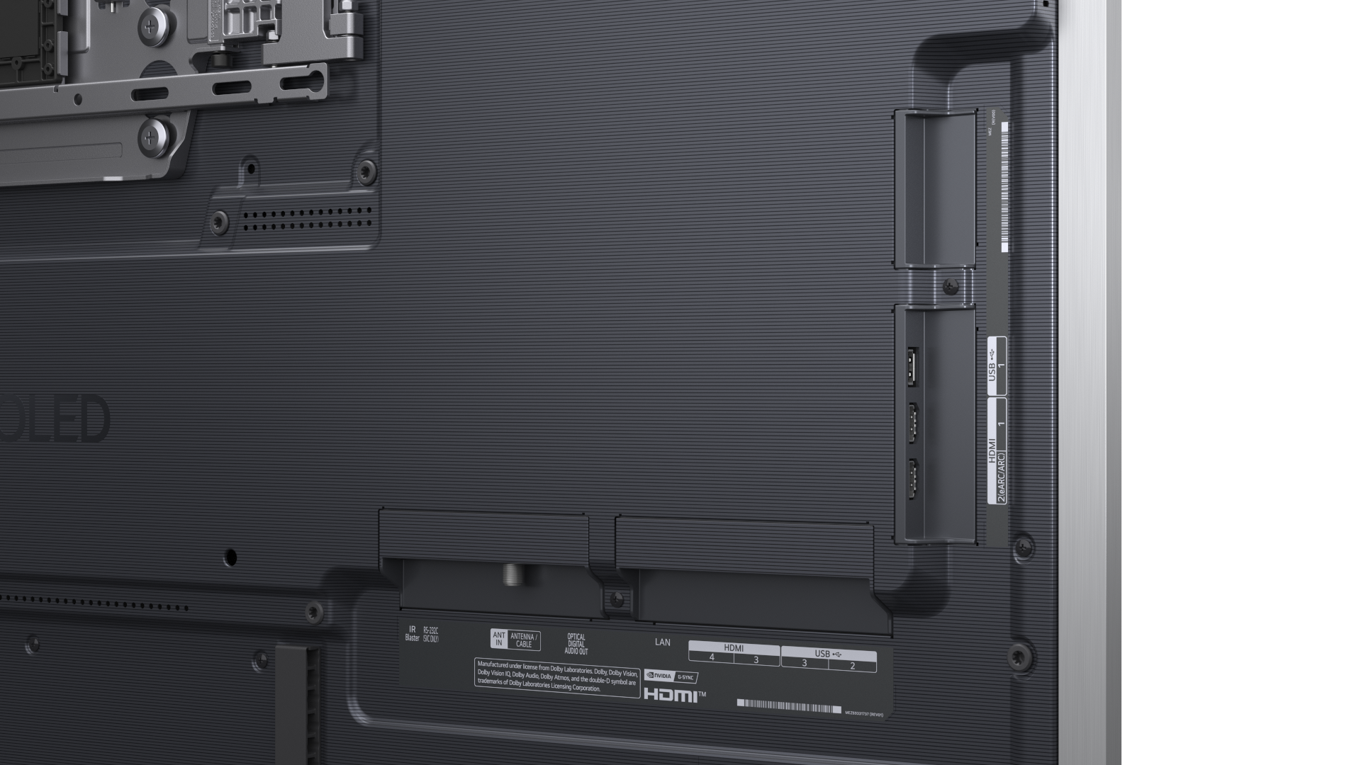 Tył telewizora z portami: HDMI, USB, LAN i antena.