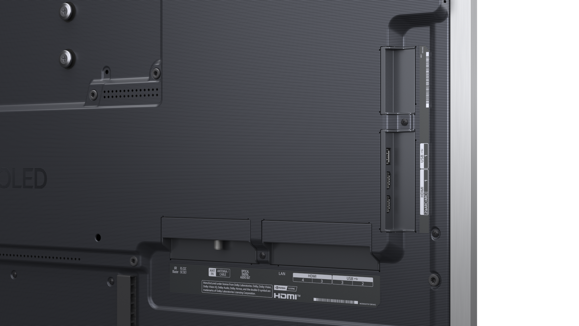 Tył telewizora z portami: HDMI, USB, LAN, Antena.