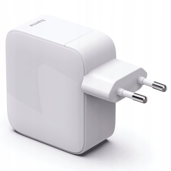 Biały zasilacz Hama USB-C z dwoma metalowymi bolcami, na białym tle.