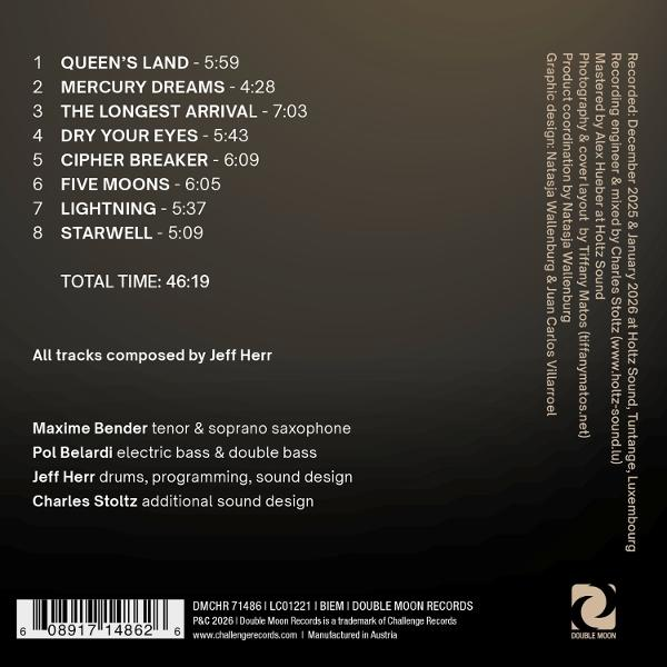 Album-Trackliste mit Titeln, Zeiten und Besetzung auf dunklem Hintergrund.