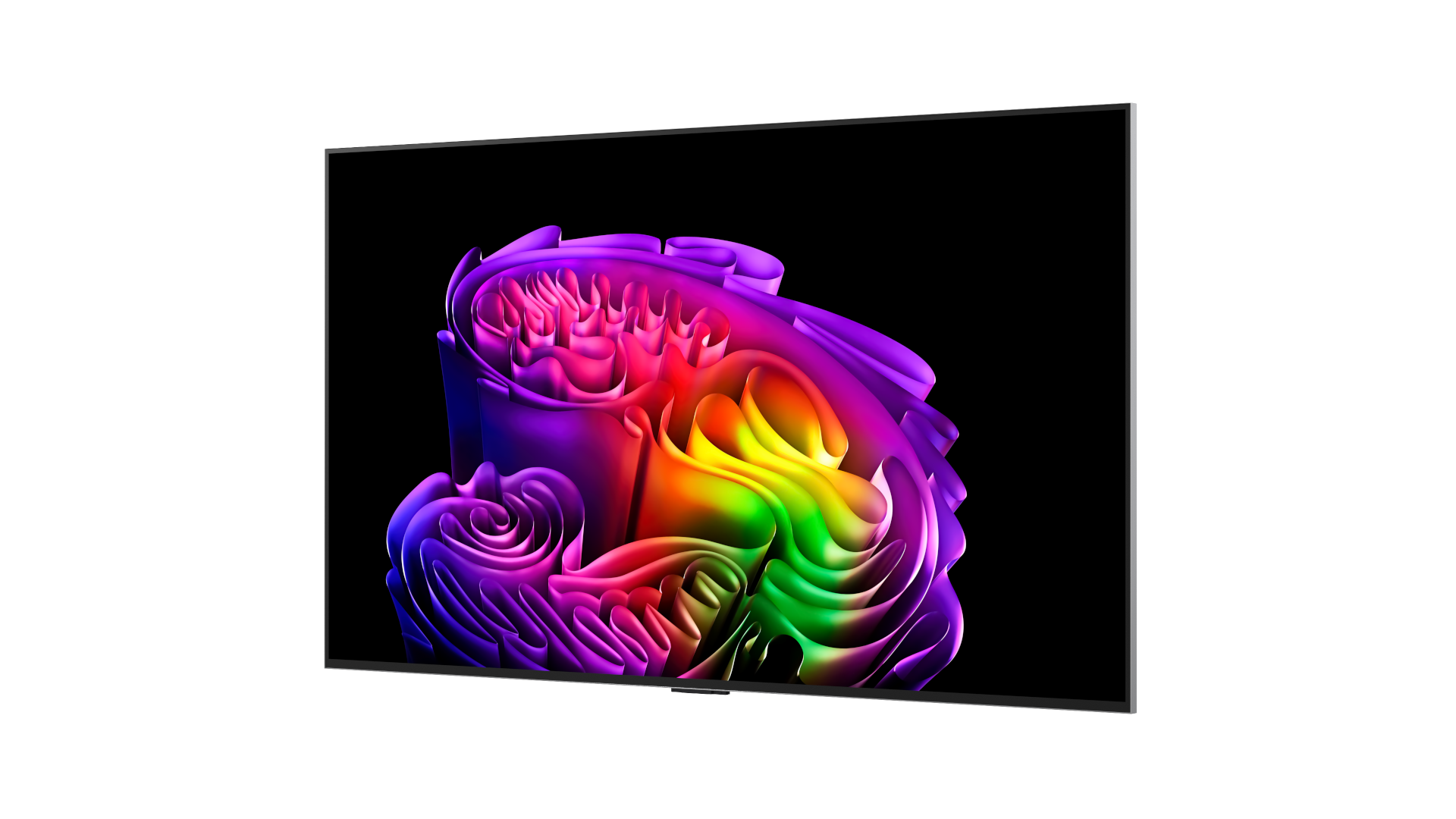 Ekran telewizora wyświetla abstrakcyjne, wielokolorowe dzieło sztuki na czarnym tle.
