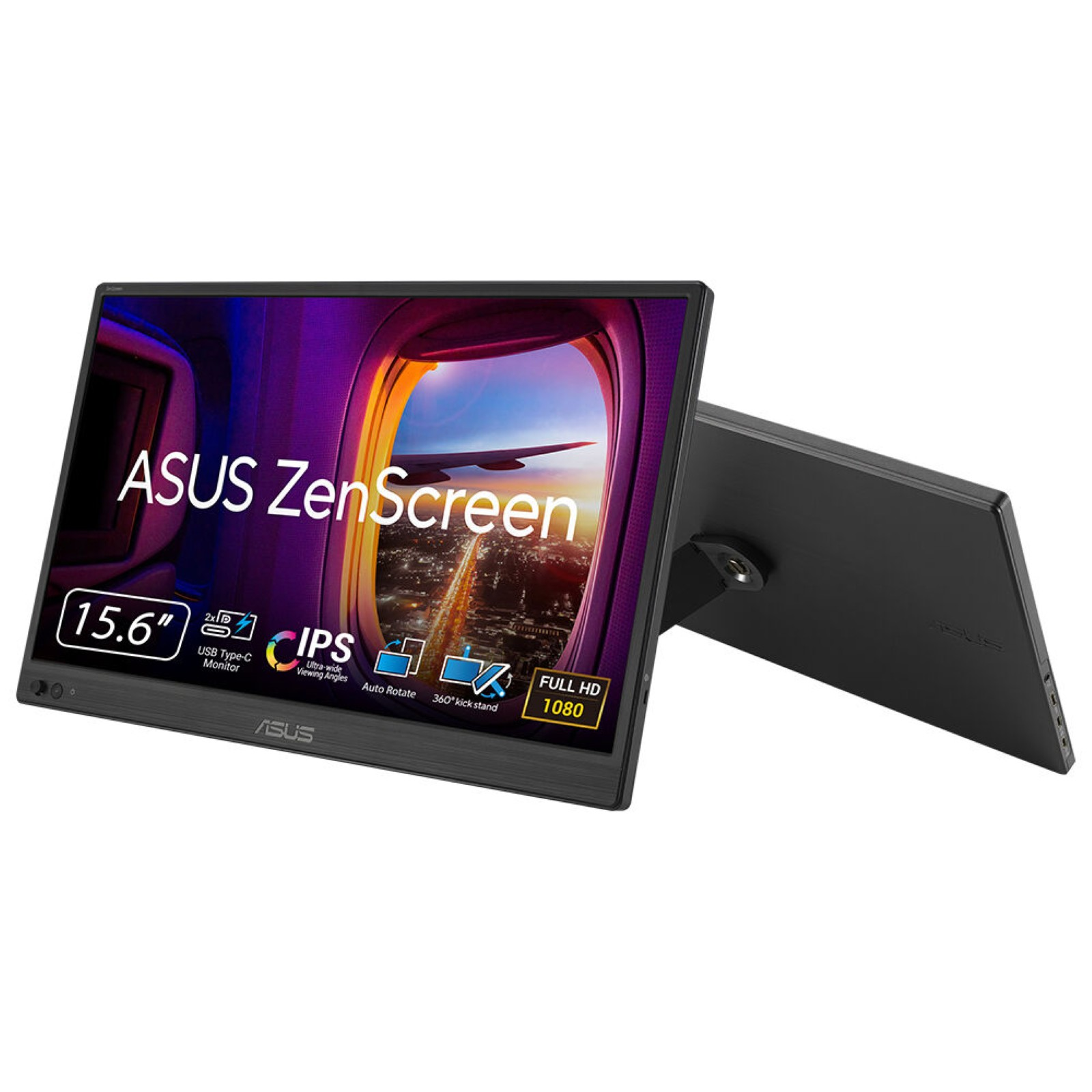 Czarny przenośny monitor ASUS ZenScreen 15,6" z tłem okna samolotu.