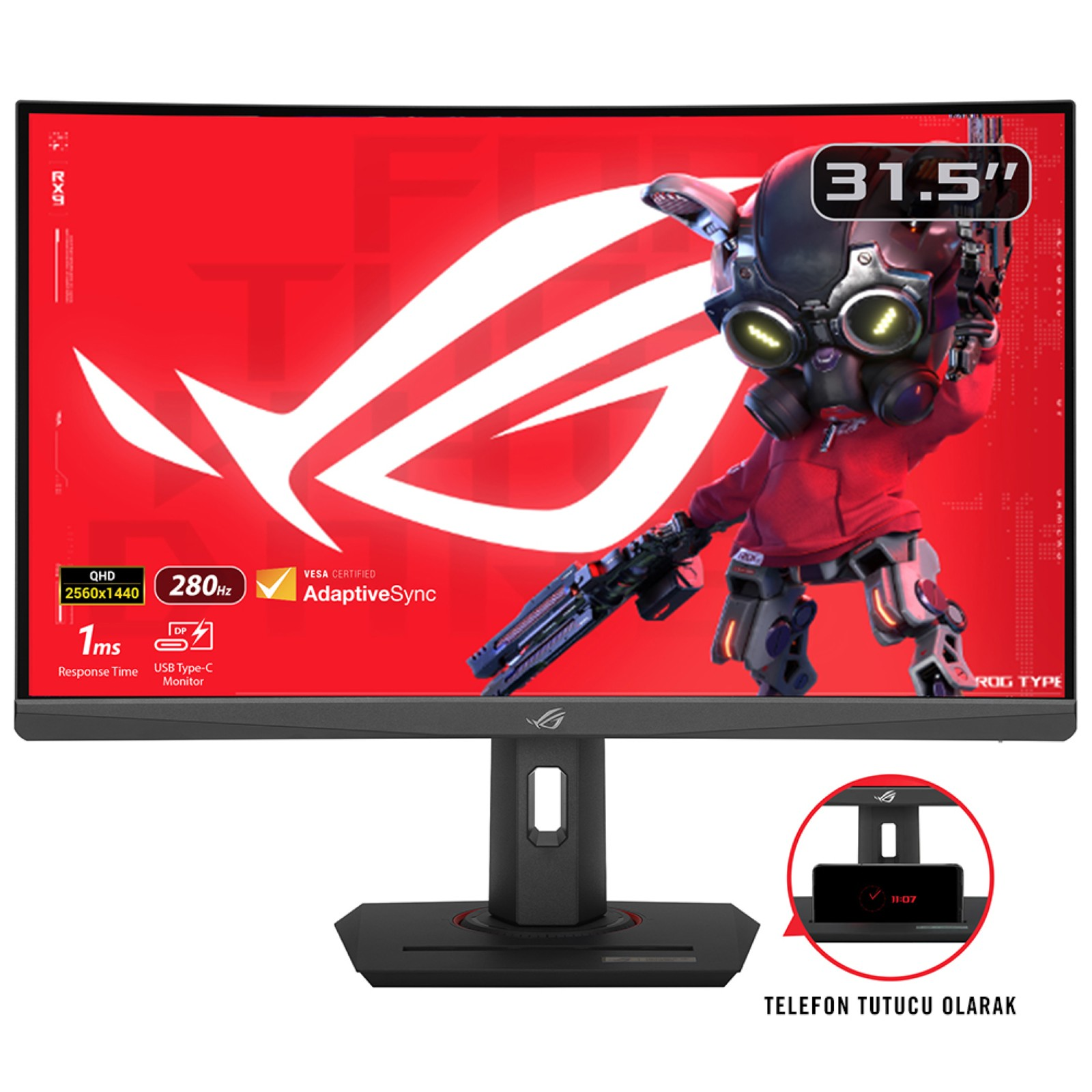 Ein 31,5-Zoll-Gaming-Monitor mit rotem Hintergrund und einem Charakter mit Gasmaske.