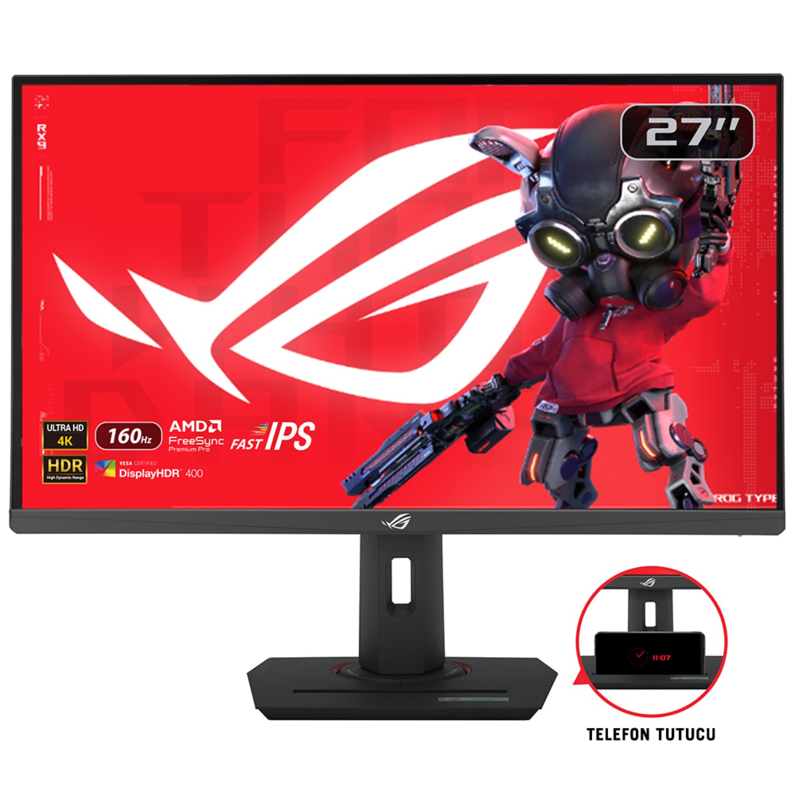 27-calowy monitor gamingowy z czerwonym tłem i postacią w masce gazowej.