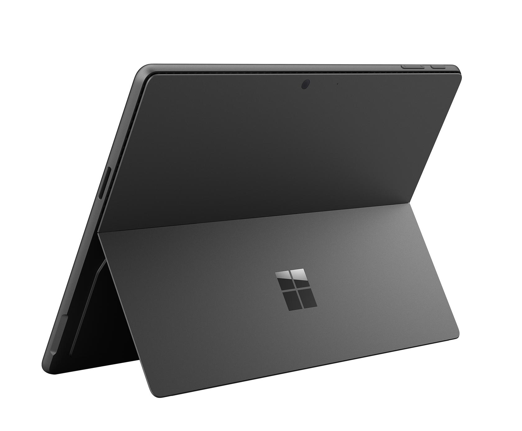 Tableta gris oscuro con soporte y logotipo de Windows en la parte trasera.
