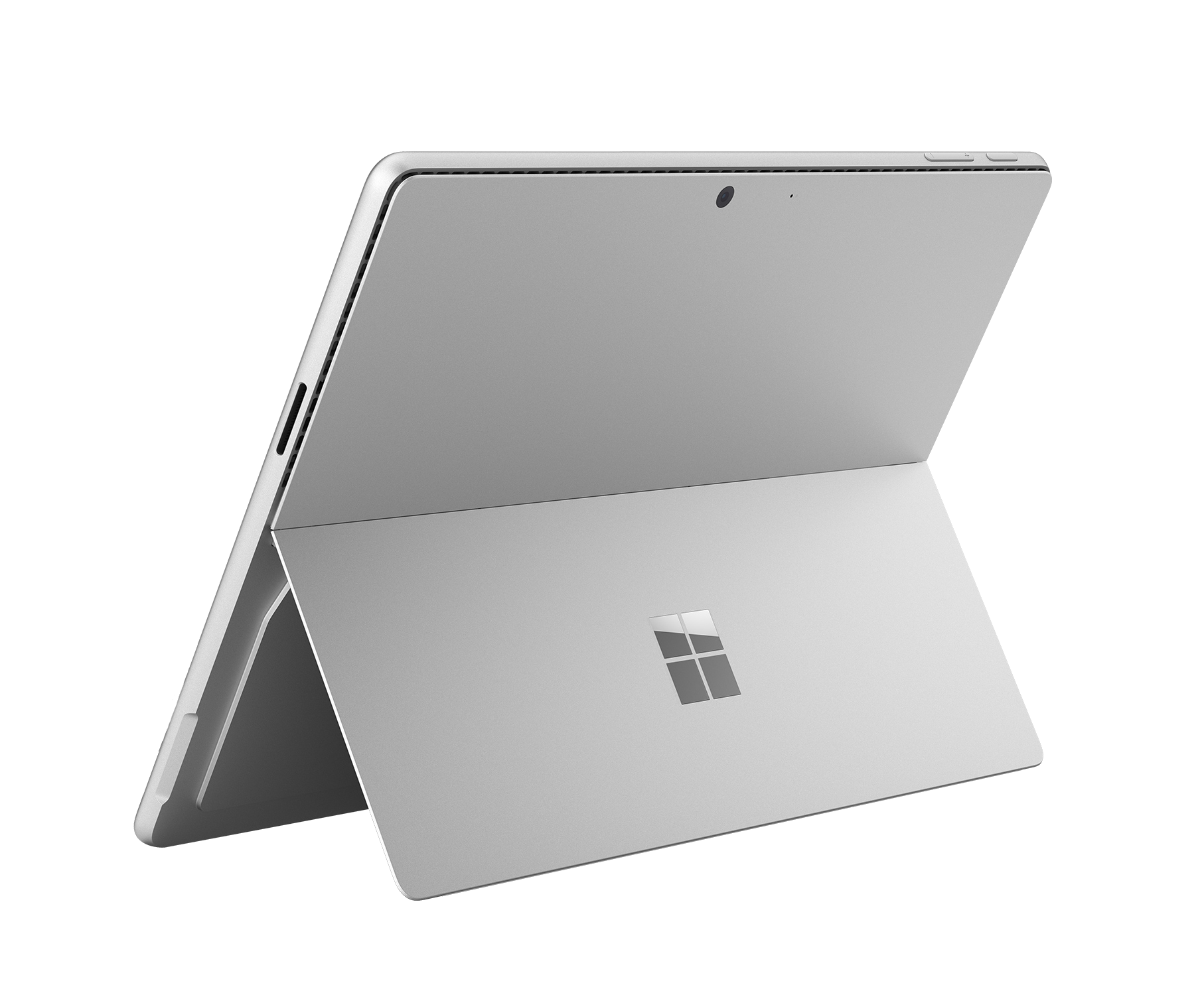 Un portátil Surface plateado con soporte plegable y logo de Microsoft.