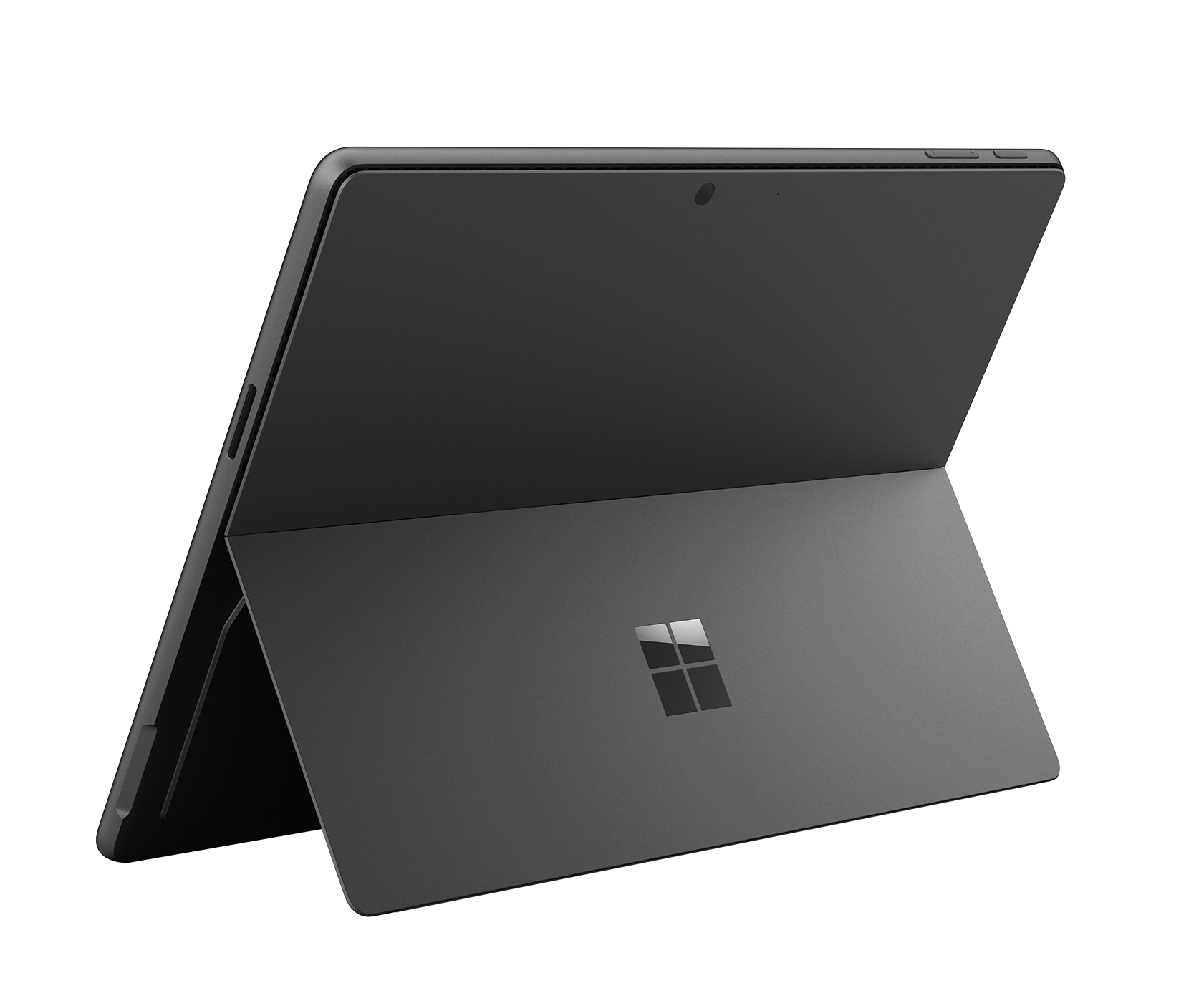 Un portátil Microsoft Surface oscuro con soporte integrado, aislado en blanco.