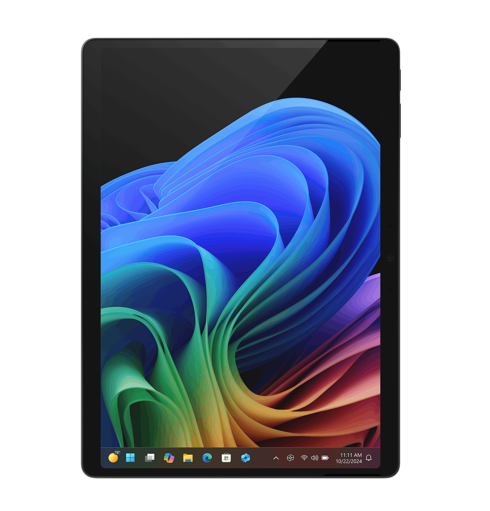 Una tableta que muestra un fondo de pantalla colorido y fluido con una barra de tareas.