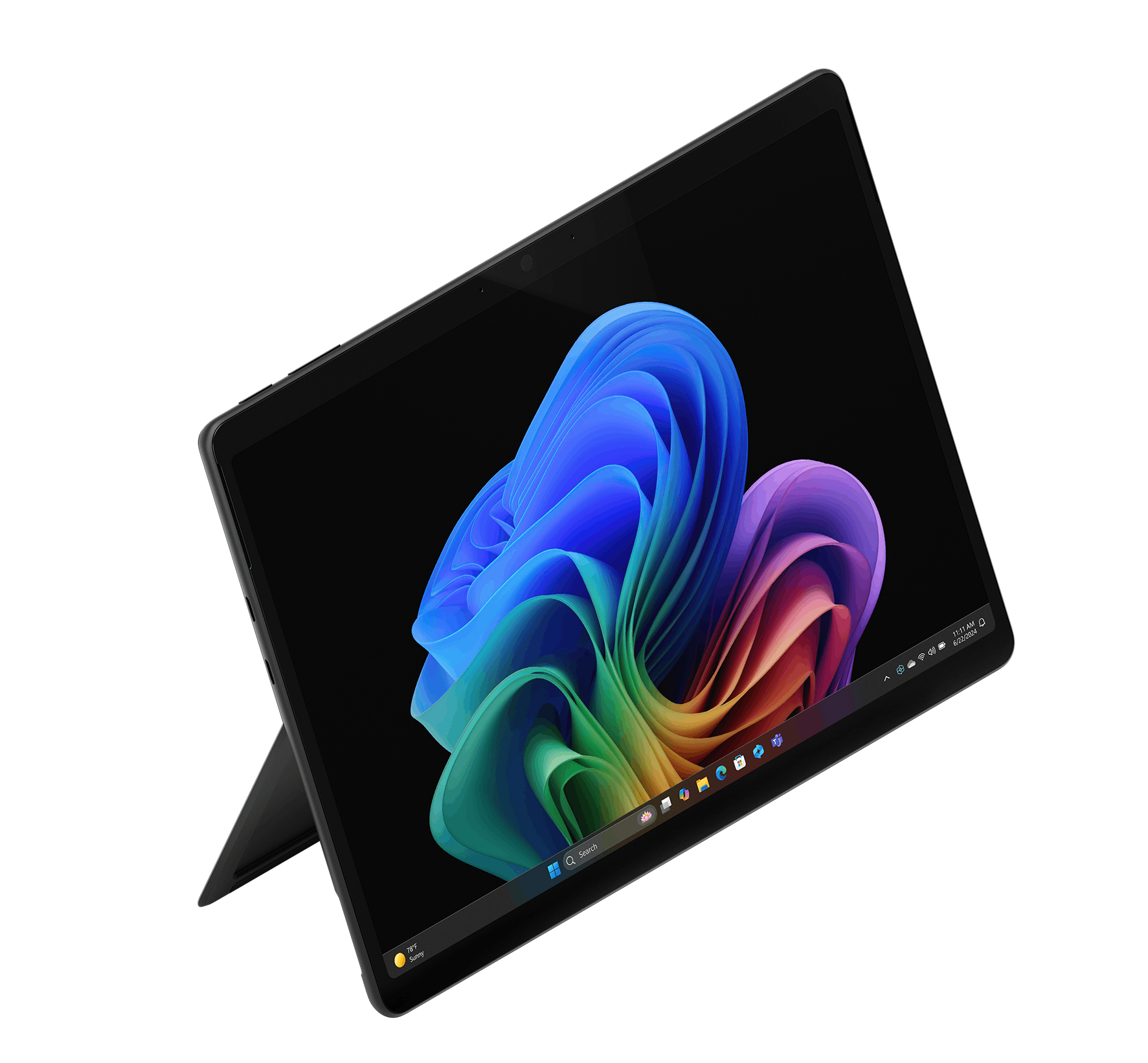 Una tableta negra con soporte abatible, que muestra un fondo de pantalla abstracto y colorido.