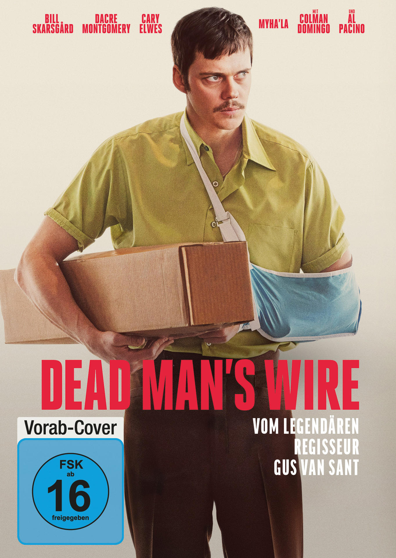 Ein Mann mit Armschlinge hält ein Paket. Titel: DEAD MAN'S WIRE.