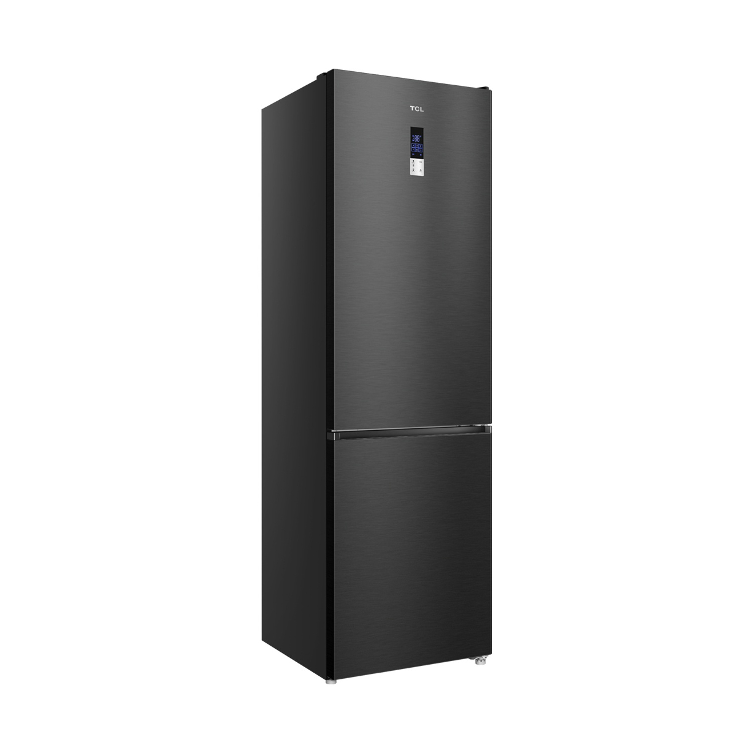 Un frigorifero nero ed elegante con display digitale sulla porta.