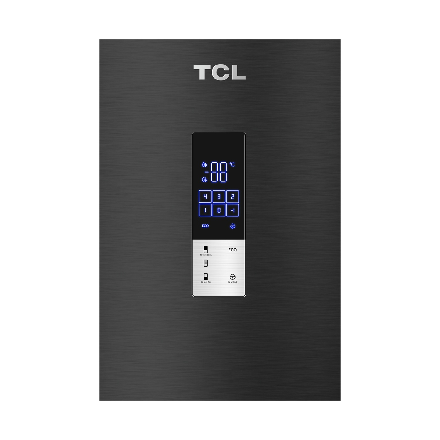 Porta frigorifero TCL nera con display digitale per temperatura e modalità.