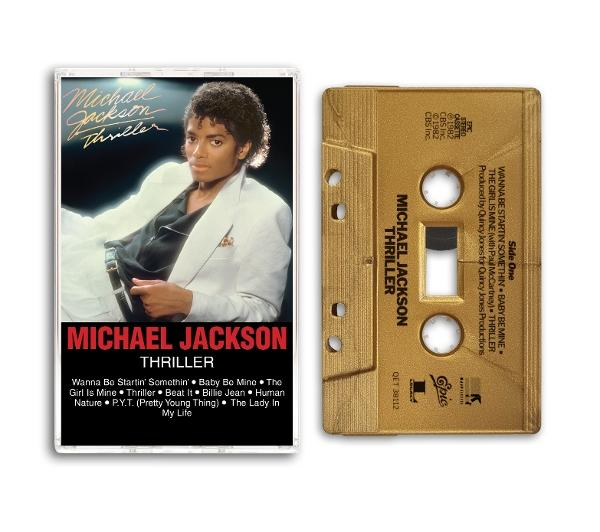 Michael Jackson Thriller Kassette mit Albumcover. Goldene Kassette mit Songliste.