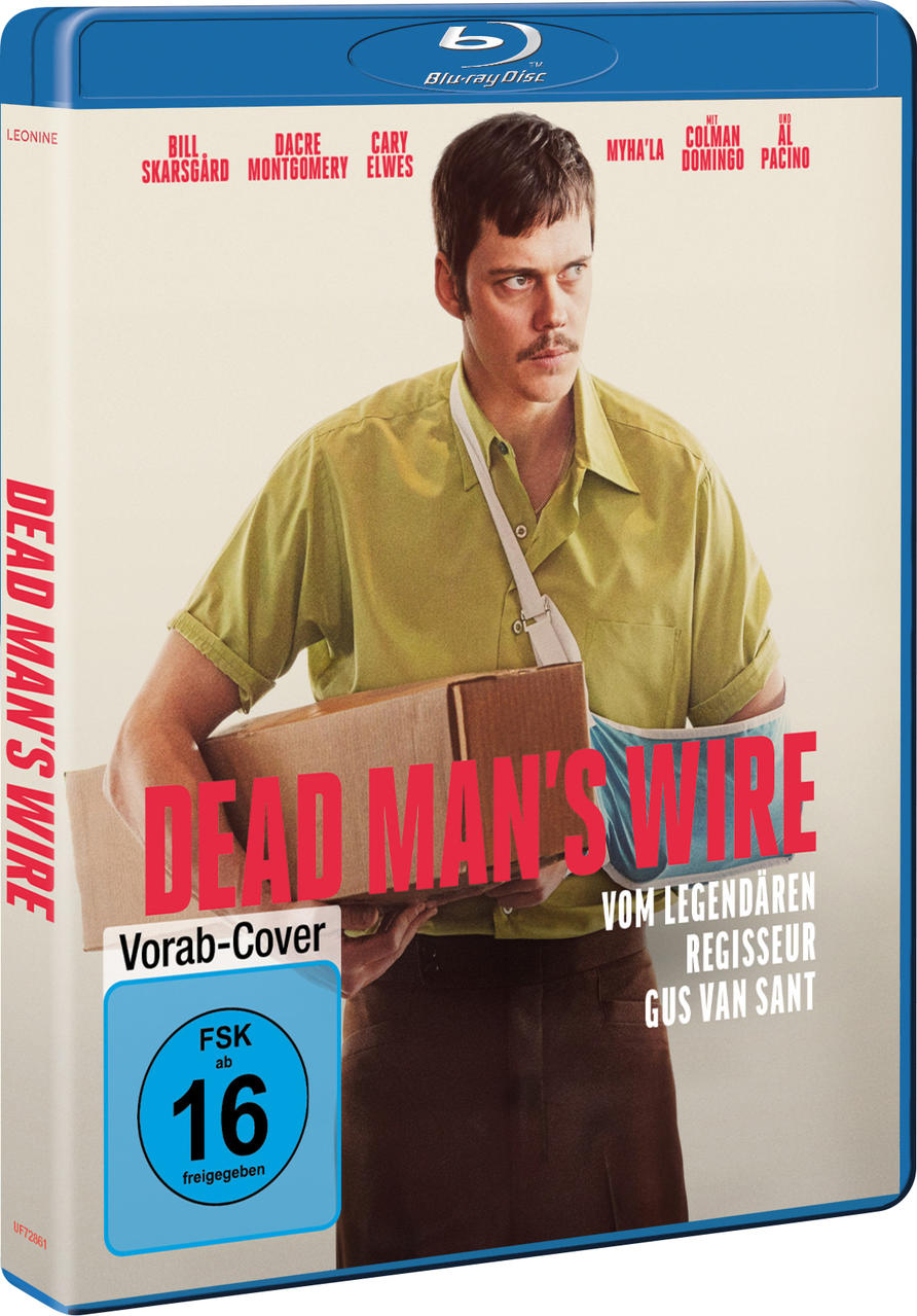 Blu-ray Cover: Mann mit Armtrage, hält Karton. Titel: Dead Man's Wire.