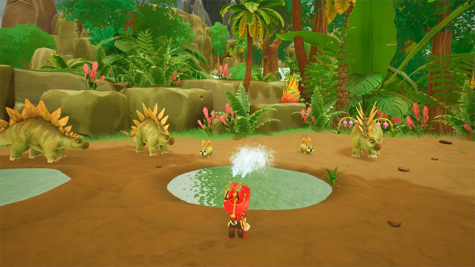 Ein Spieler steht vor einem Teich, umgeben von Dinosauriern und üppiger Vegetation.