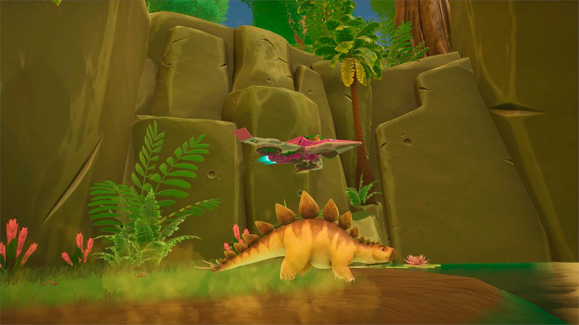Ein gelber Stegosaurus unter einer rosa Flugmaschine in einer Dschungellandschaft.