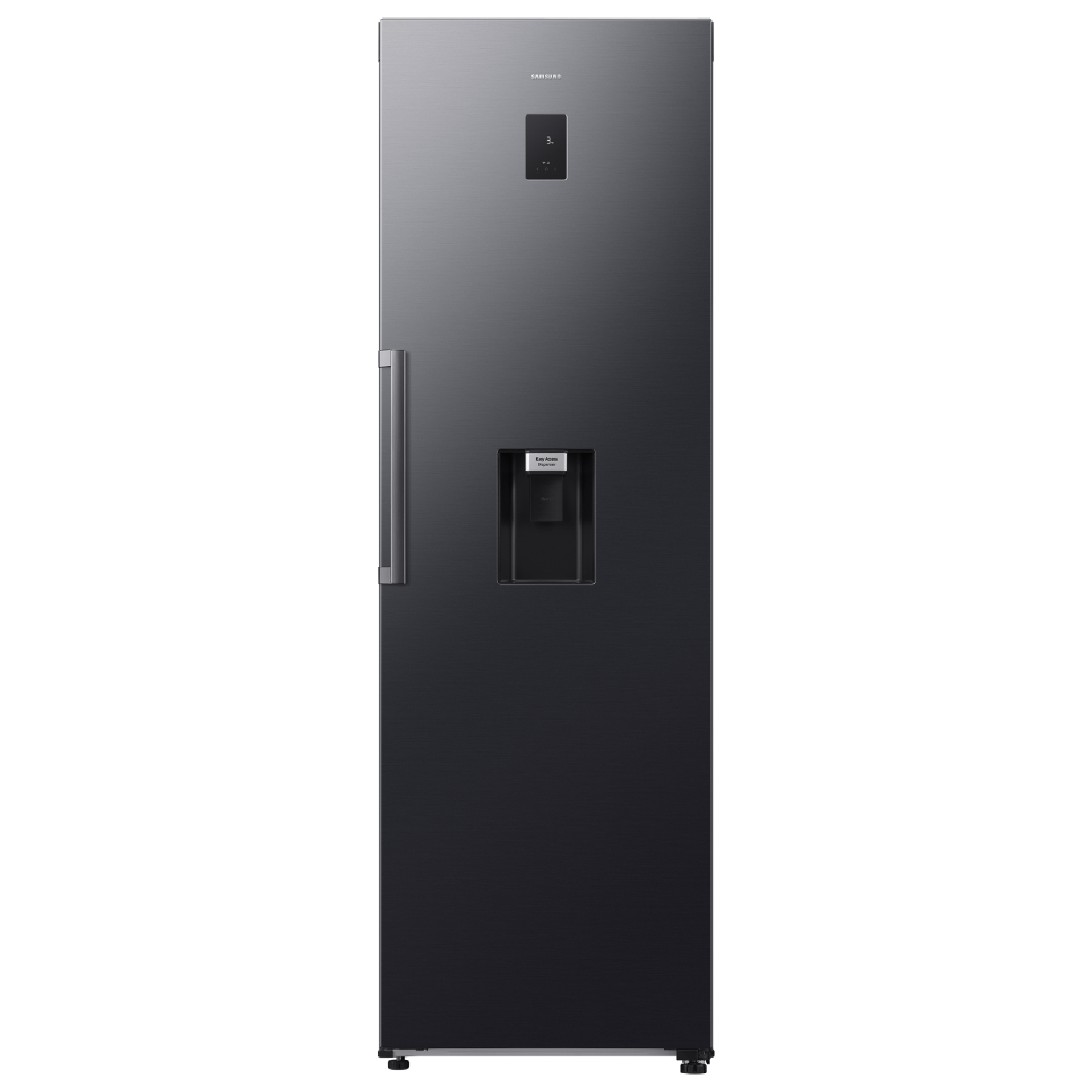 Un refrigerador elegante y oscuro con dispensador de agua y pantalla digital.