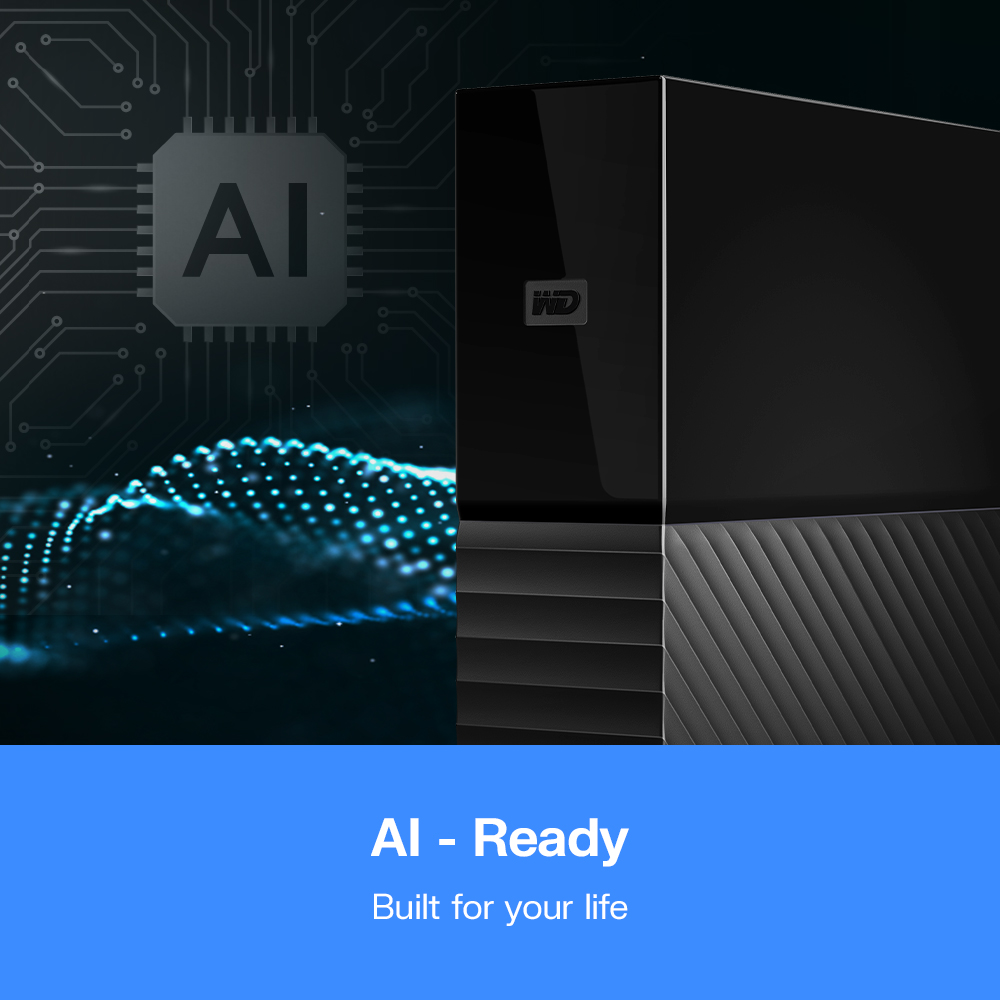 Un dispositivo di archiviazione esterno nero con icona AI e onde di dati blu.