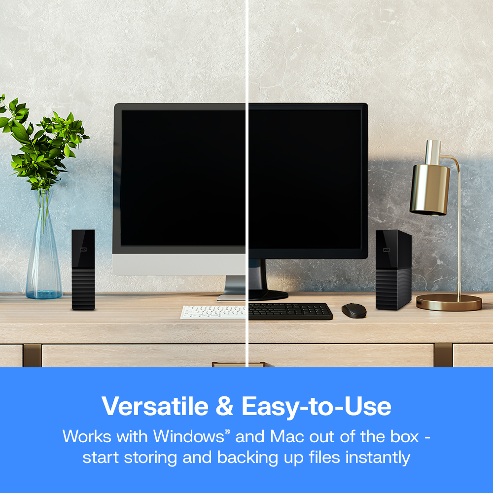 Due configurazioni di computer con hard disk esterni, tastiere e mouse.
