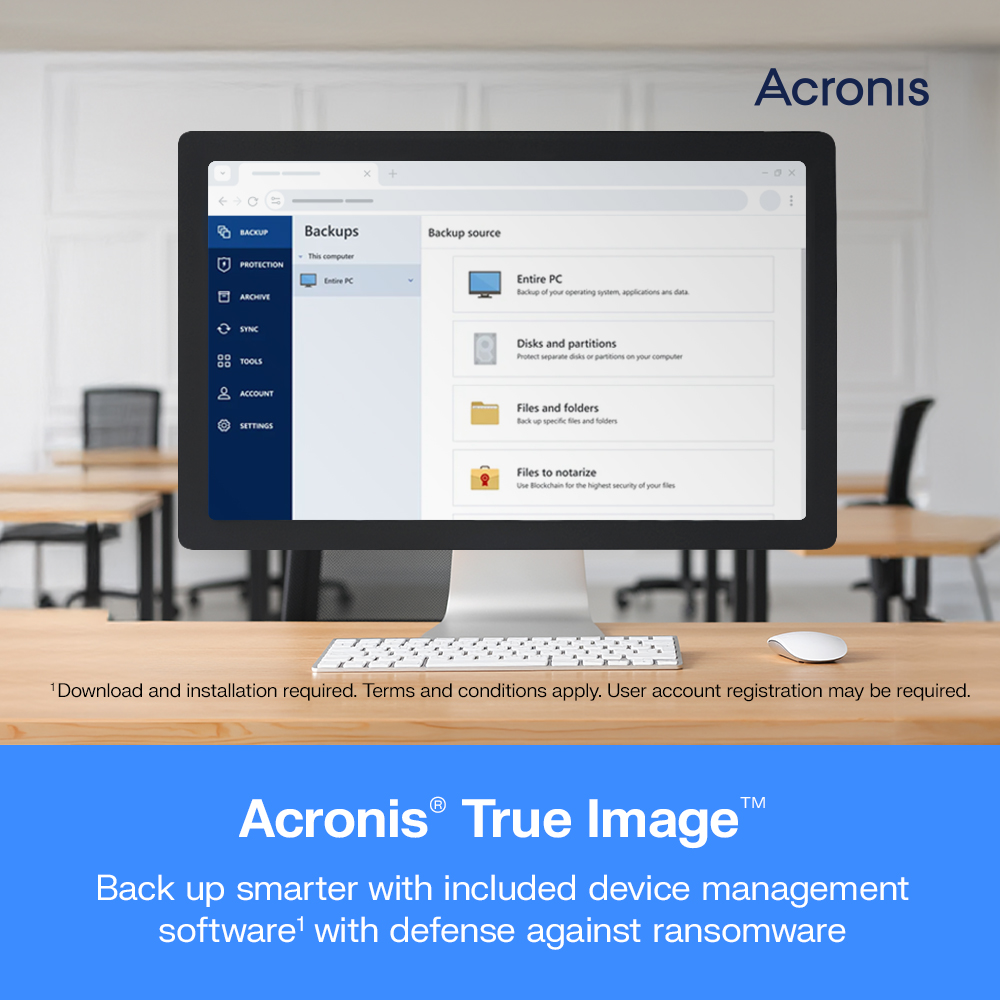 Uno schermo Acronis True Image mostra le opzioni di backup su una scrivania.