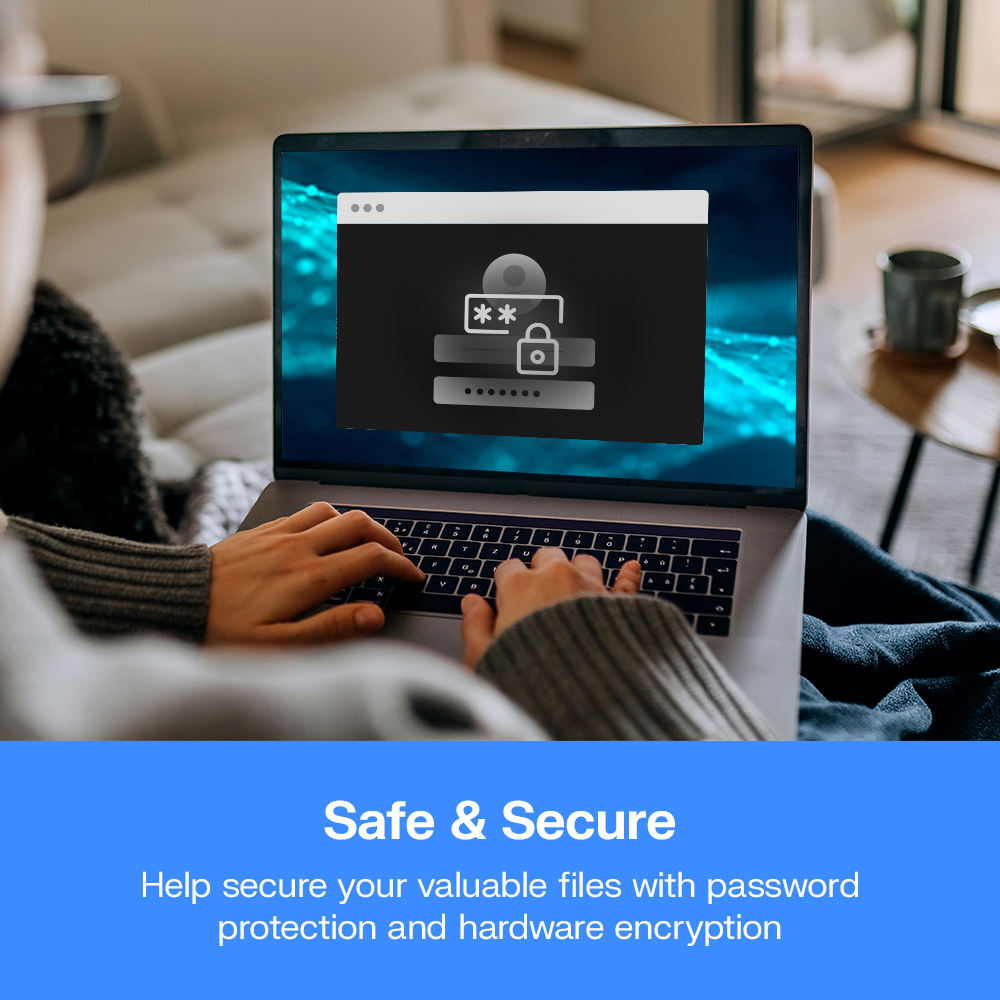 Persona digita su laptop con icona password e lucchetto. Sfondo sfocato.