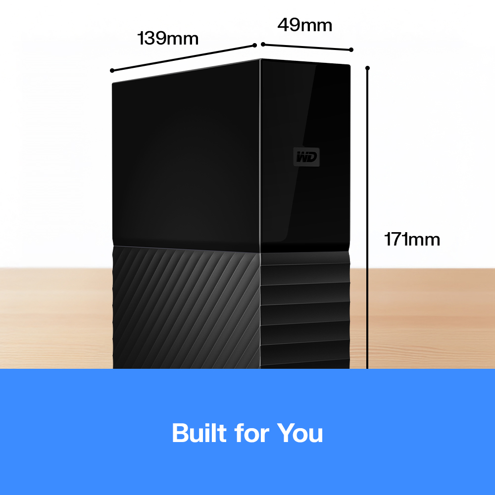 Disque dur externe noir avec dimensions 139x49x171mm.