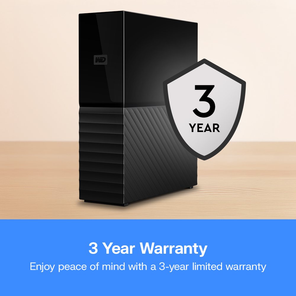 Disque dur externe noir avec un bouclier de garantie de 3 ans.