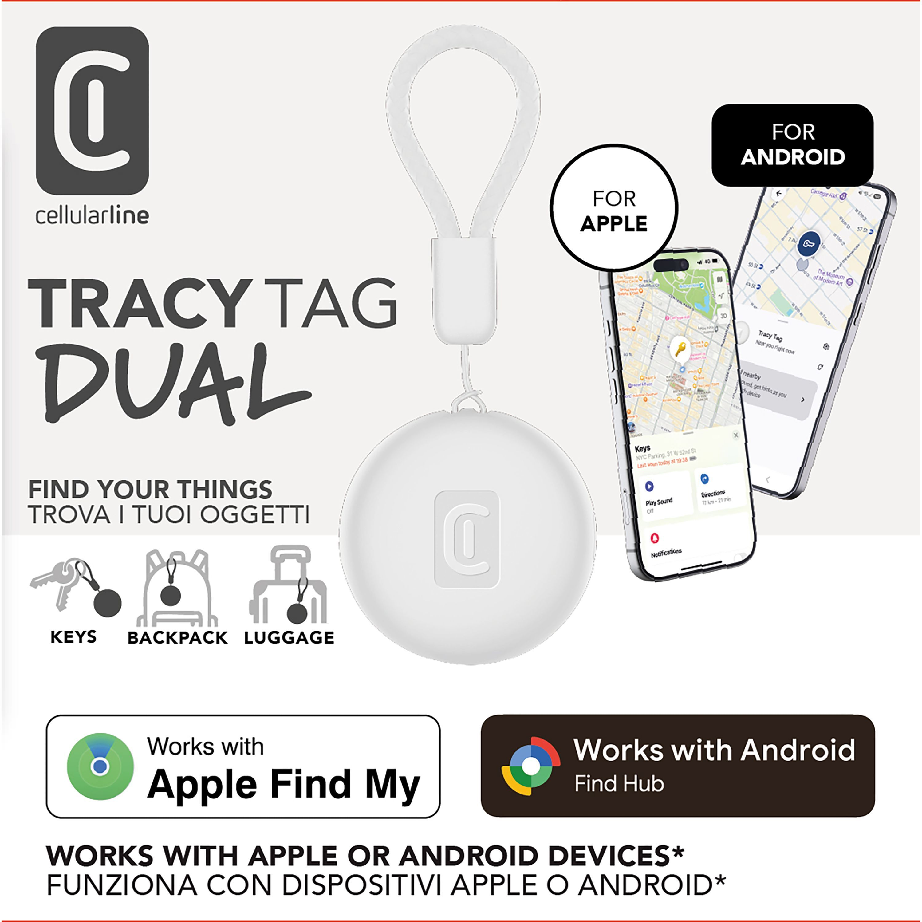Cellularline Tracy Tag Dual, Apple ve Android telefon uygulama ekranlarıyla gösteriliyor.