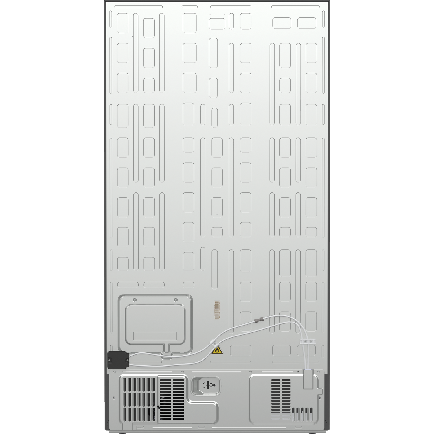 Achterkant van een witte koelkast met ventilatieopeningen en kabels.