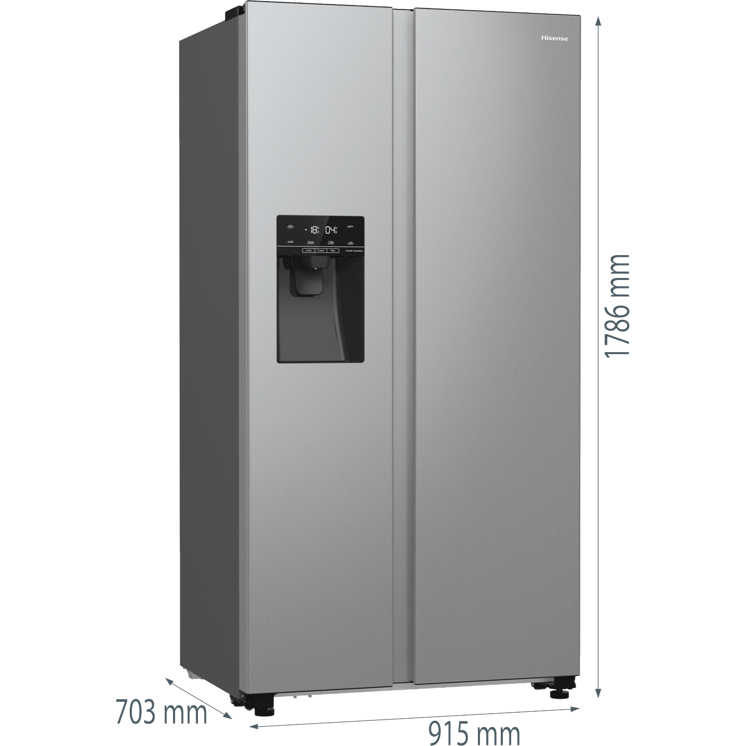 Zilveren Hisense side-by-side koelkast met waterdispenser.