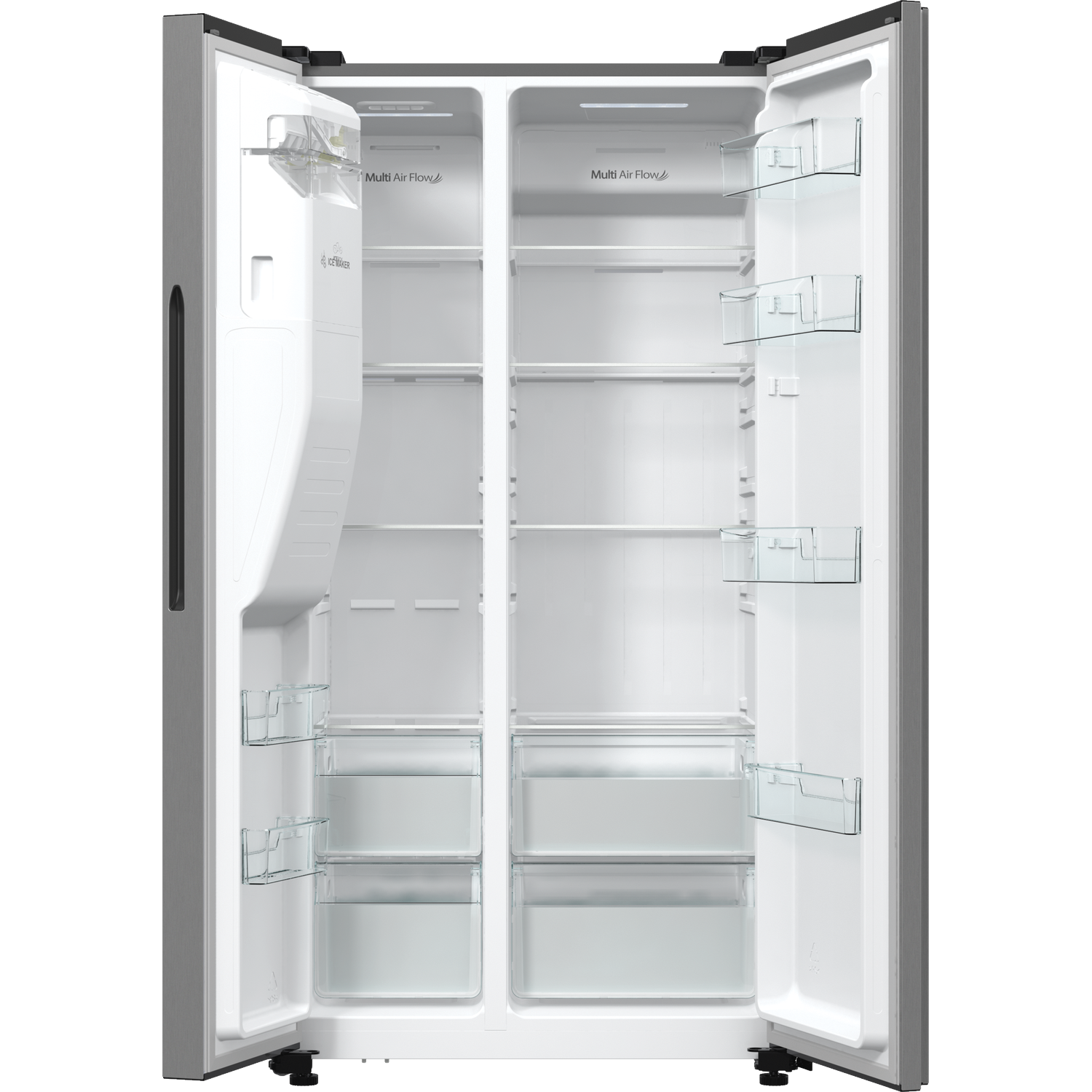 Een open, lege, zilveren koelkast met glazen planken en lades. Voorzien van ijsmaker.