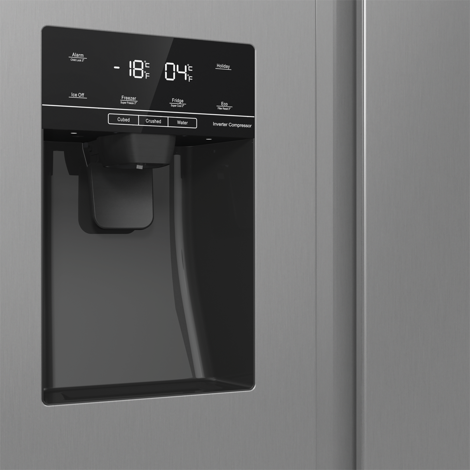 Digitaal display op een roestvrijstalen koelkast toont -18C vriezer en 4C koelkast temperaturen.