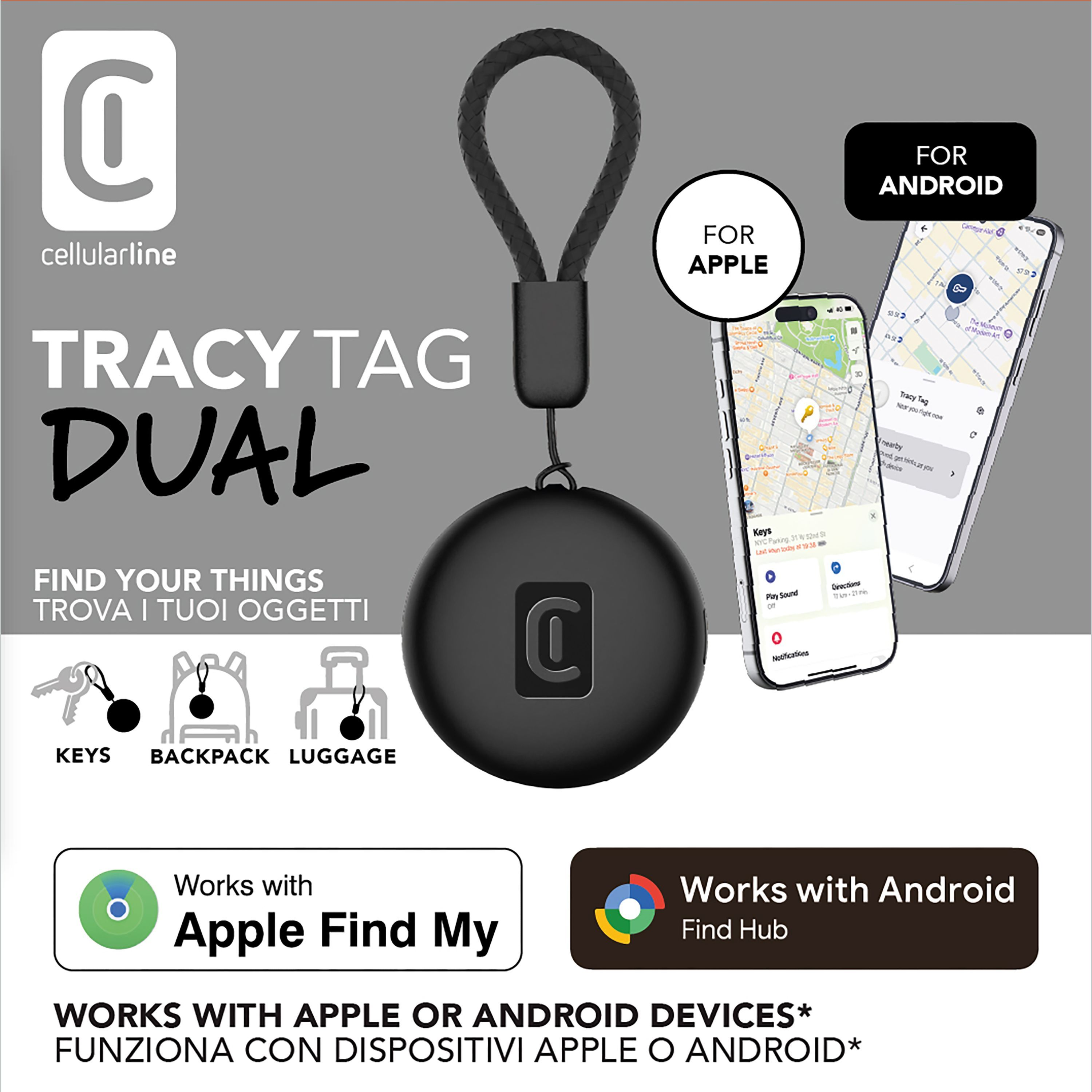 Siyah Cellularline Tracy Tag Dual anahtarlık, telefonlar ve anahtar, sırt çantası, bagaj ikonları ile.