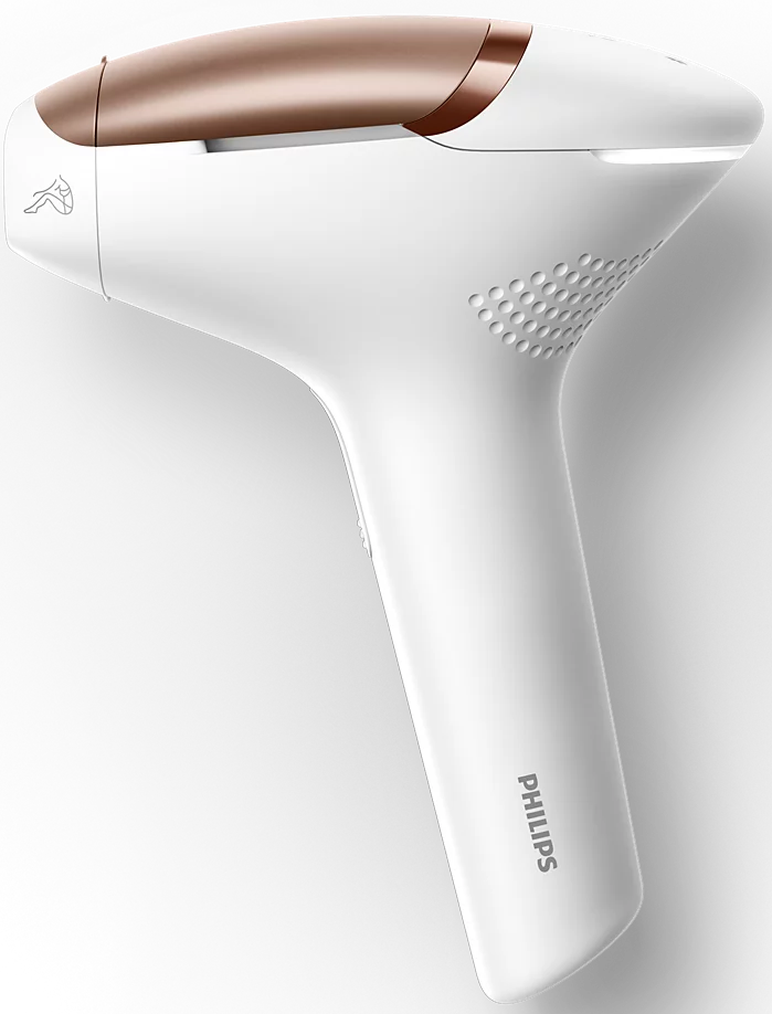 Ein weißer Philips Haarentferner mit roségoldenem Akzent und einem Bein-Symbol.