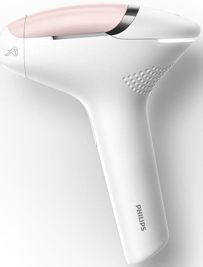 Ein weißer Philips Haarentferner mit rosafarbenem Akzent und Lüftungsschlitzen.