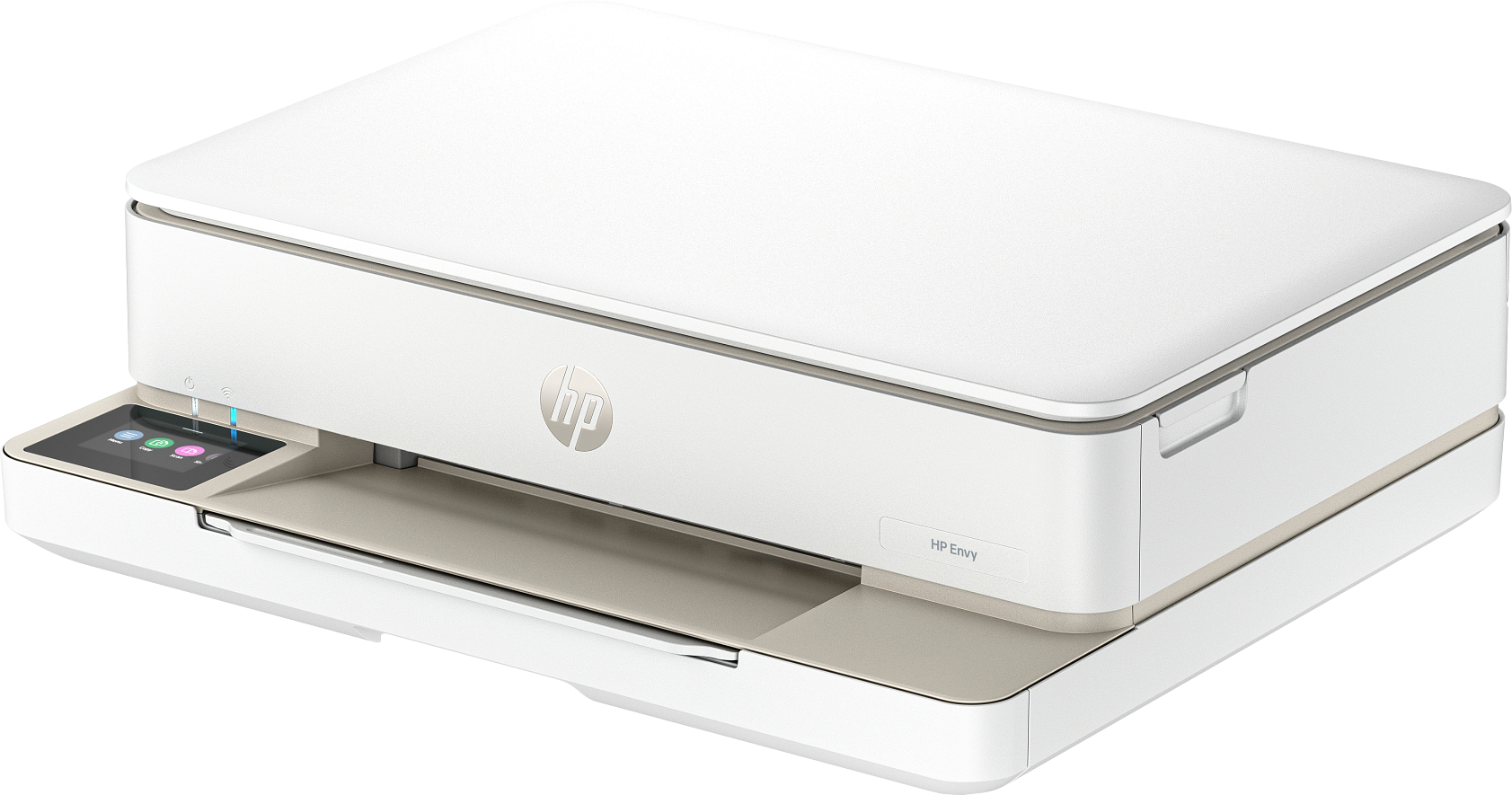 Stampante HP Envy bianca con pannello di controllo touchscreen e logo HP.
