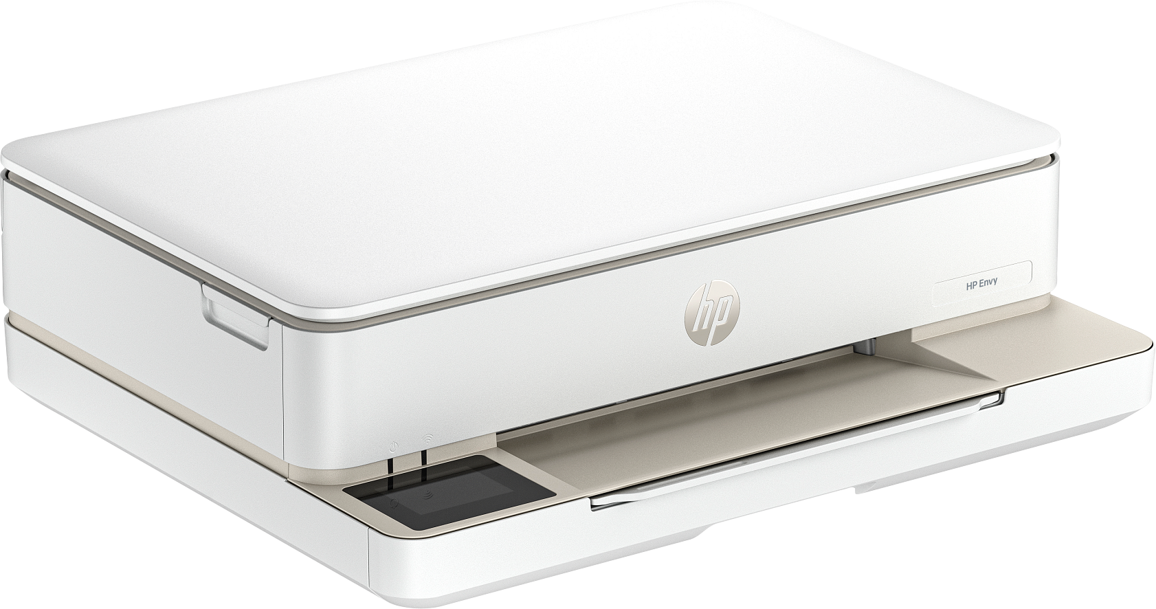 Una stampante HP Envy bianca è mostrata su sfondo nero.