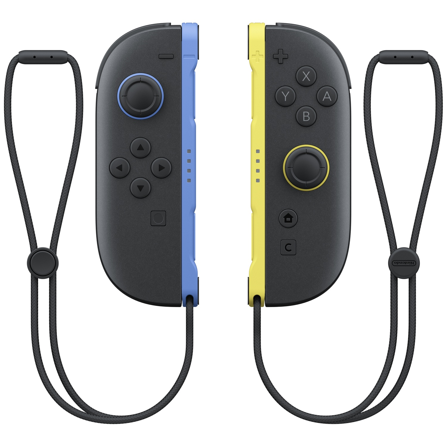 Two Nintendo Switch Joy-Con controllers, blue and yellow, with black wrist straps.