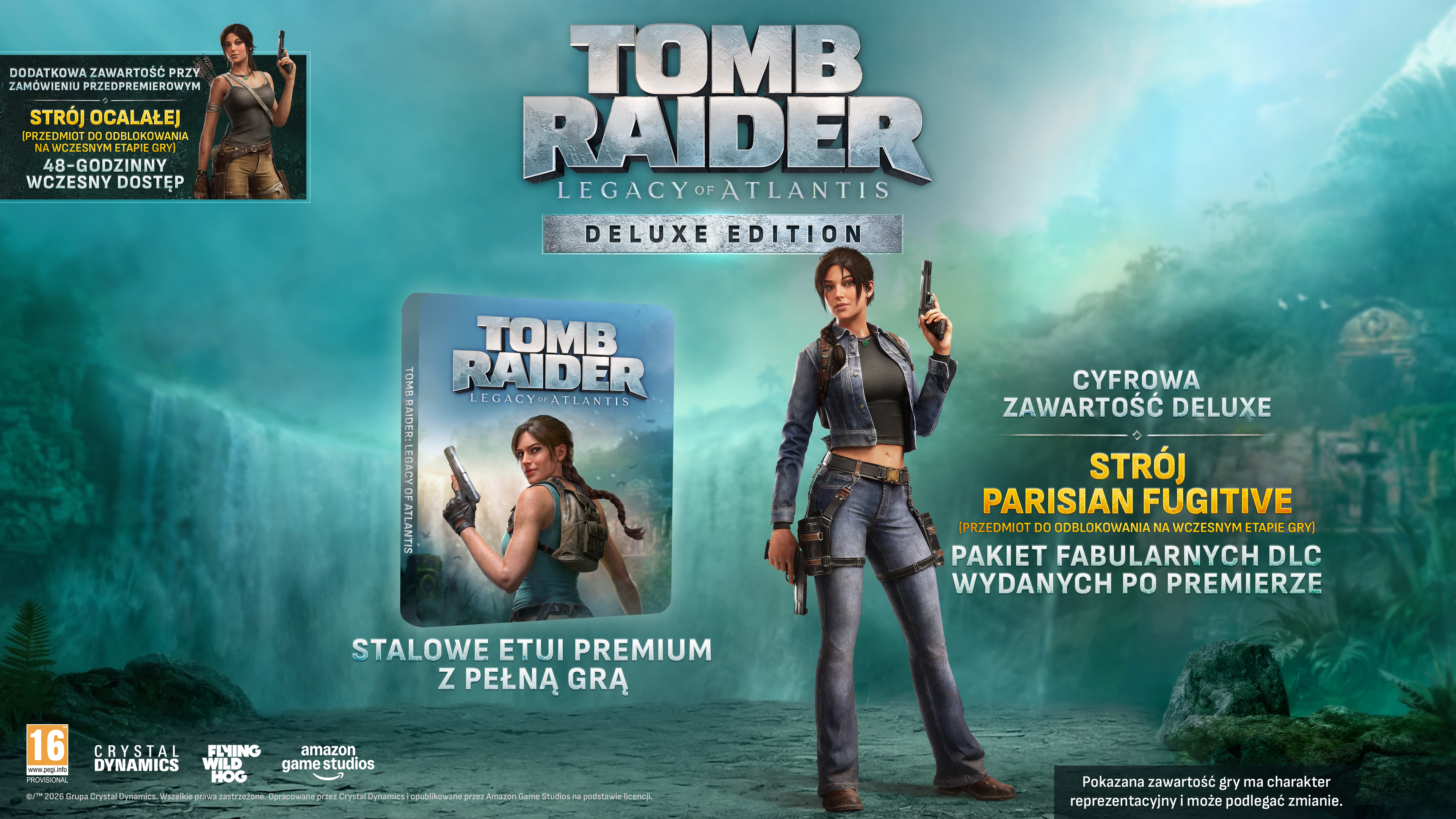 Lara Croft pozuje w stroju "Parisian Fugitive" przed logo "Tomb Raider: Legacy of Atlantis".
