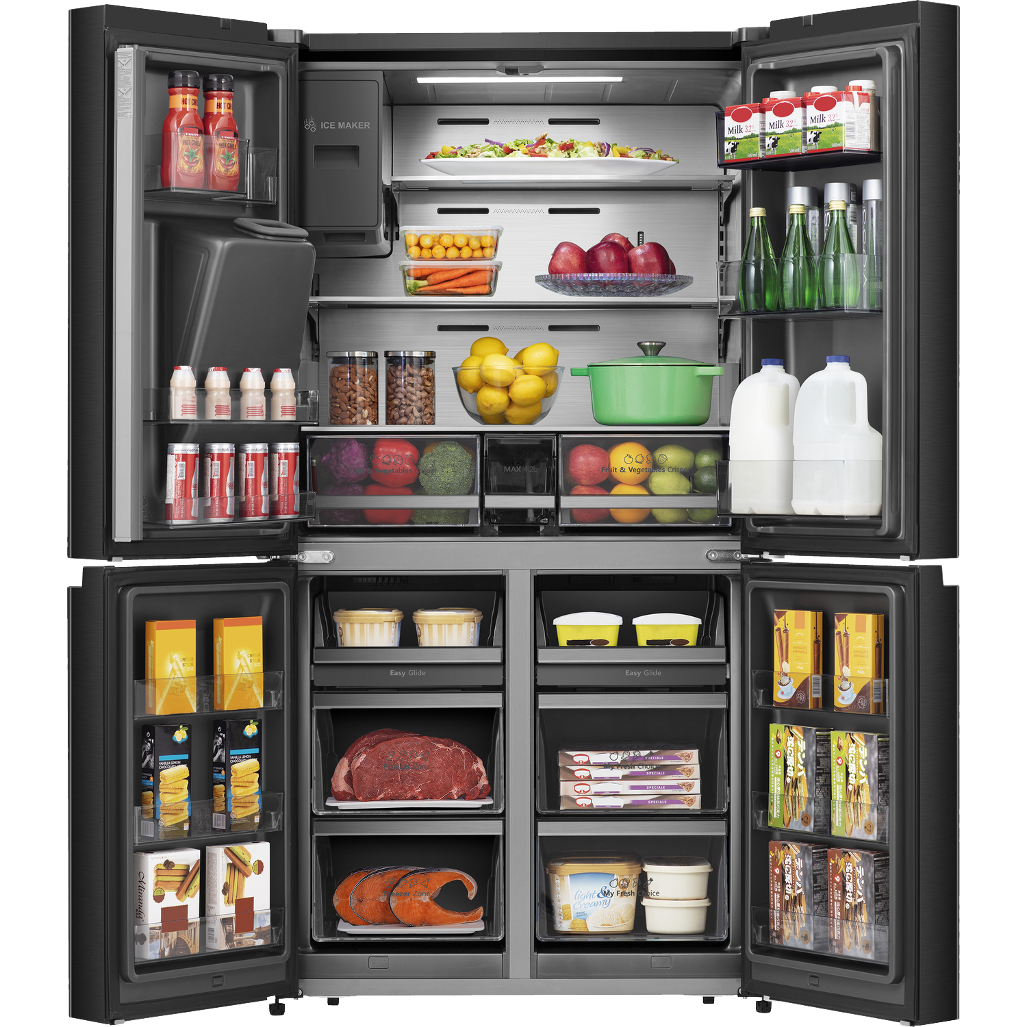 An open refrigerator filled with food, including vegetables, fruits, milk, and meat.