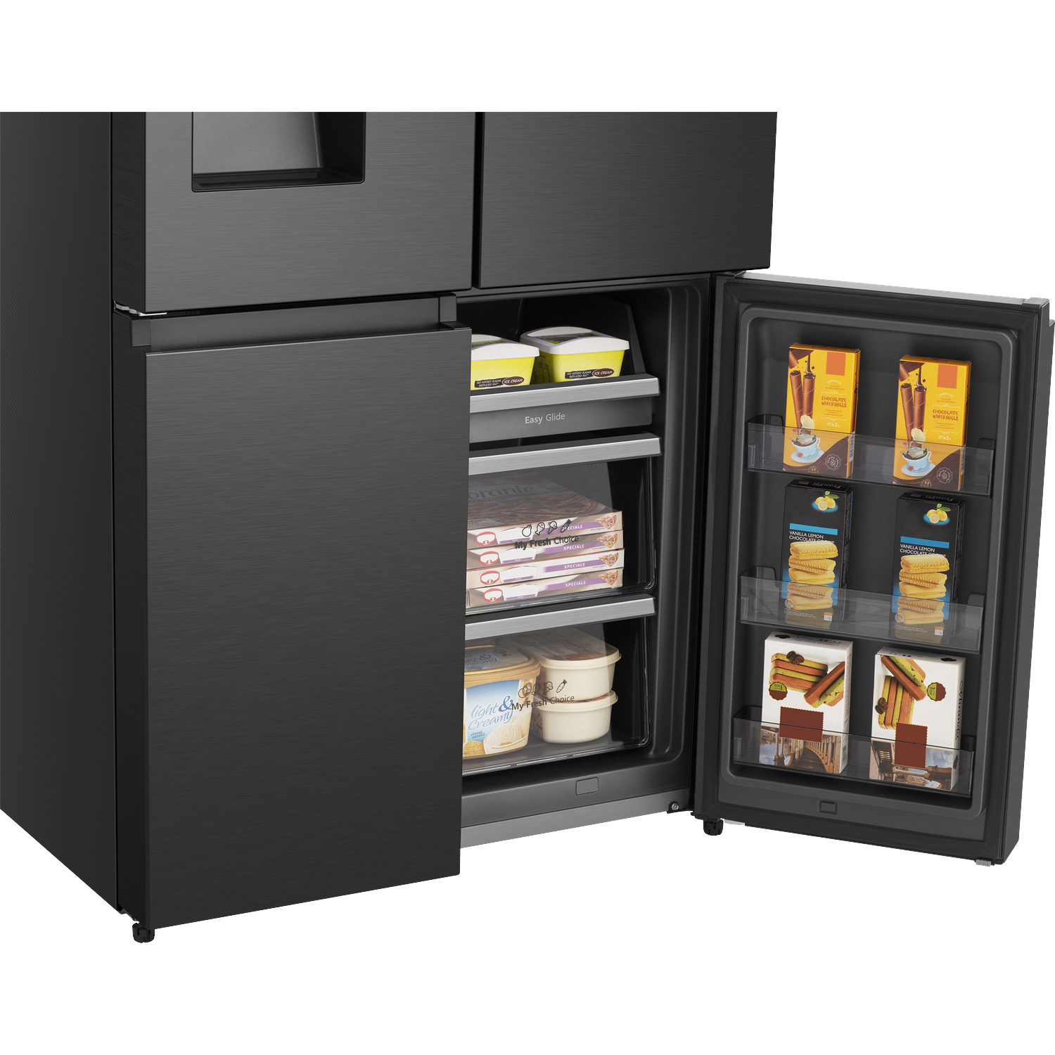 An open black refrigerator with a freezer compartment. Ice cream, pizza, and bread are visible.