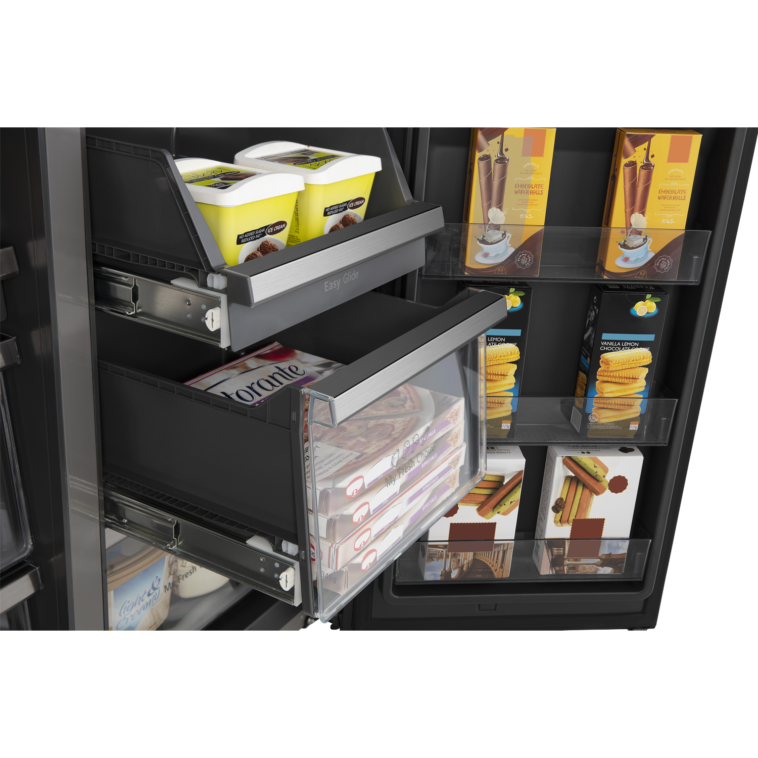 Open freezer drawer with ice cream, wafer rolls, and cookies.