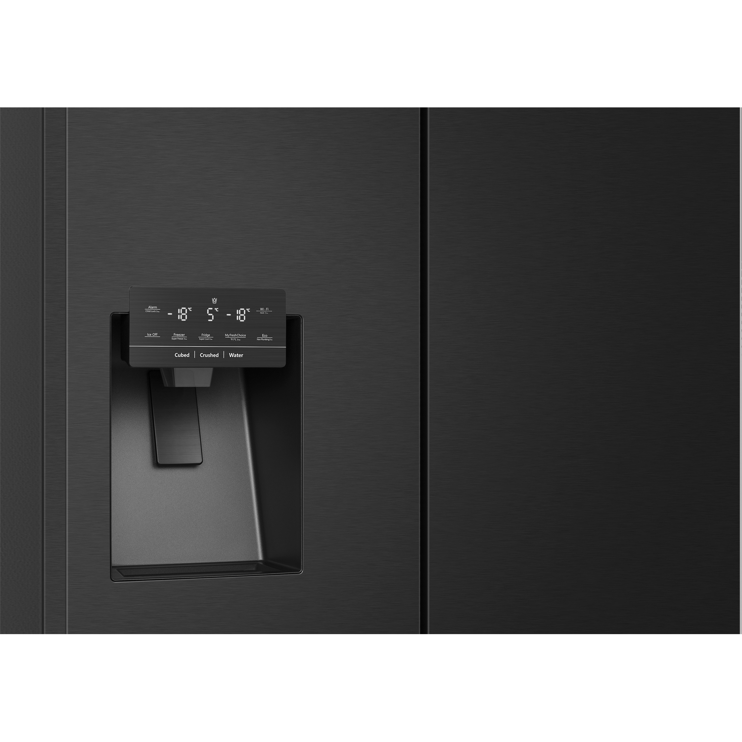 Black refrigerator with water and ice dispenser and digital temperature display.