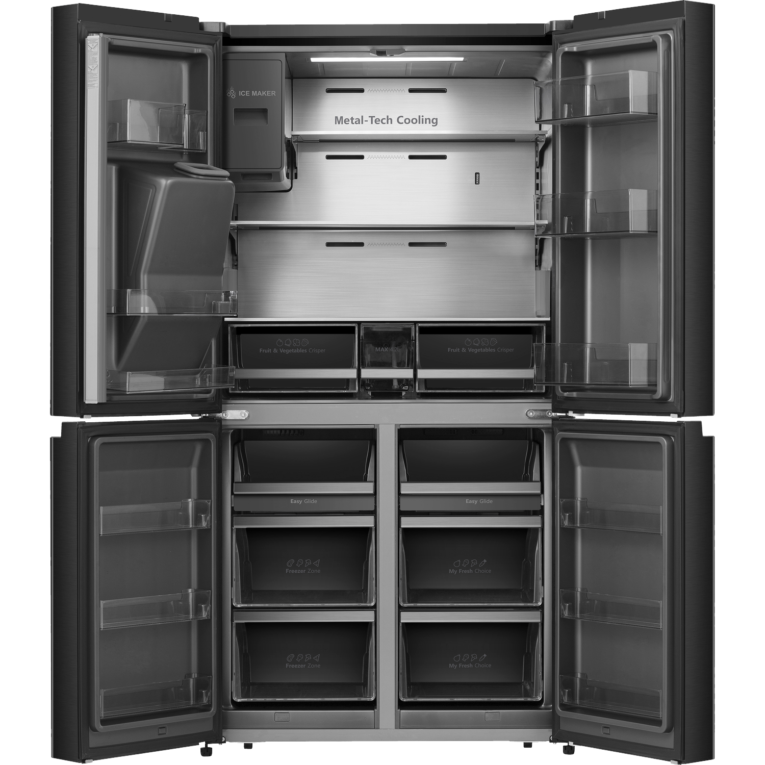 An open four-door refrigerator with an ice maker and drawers.