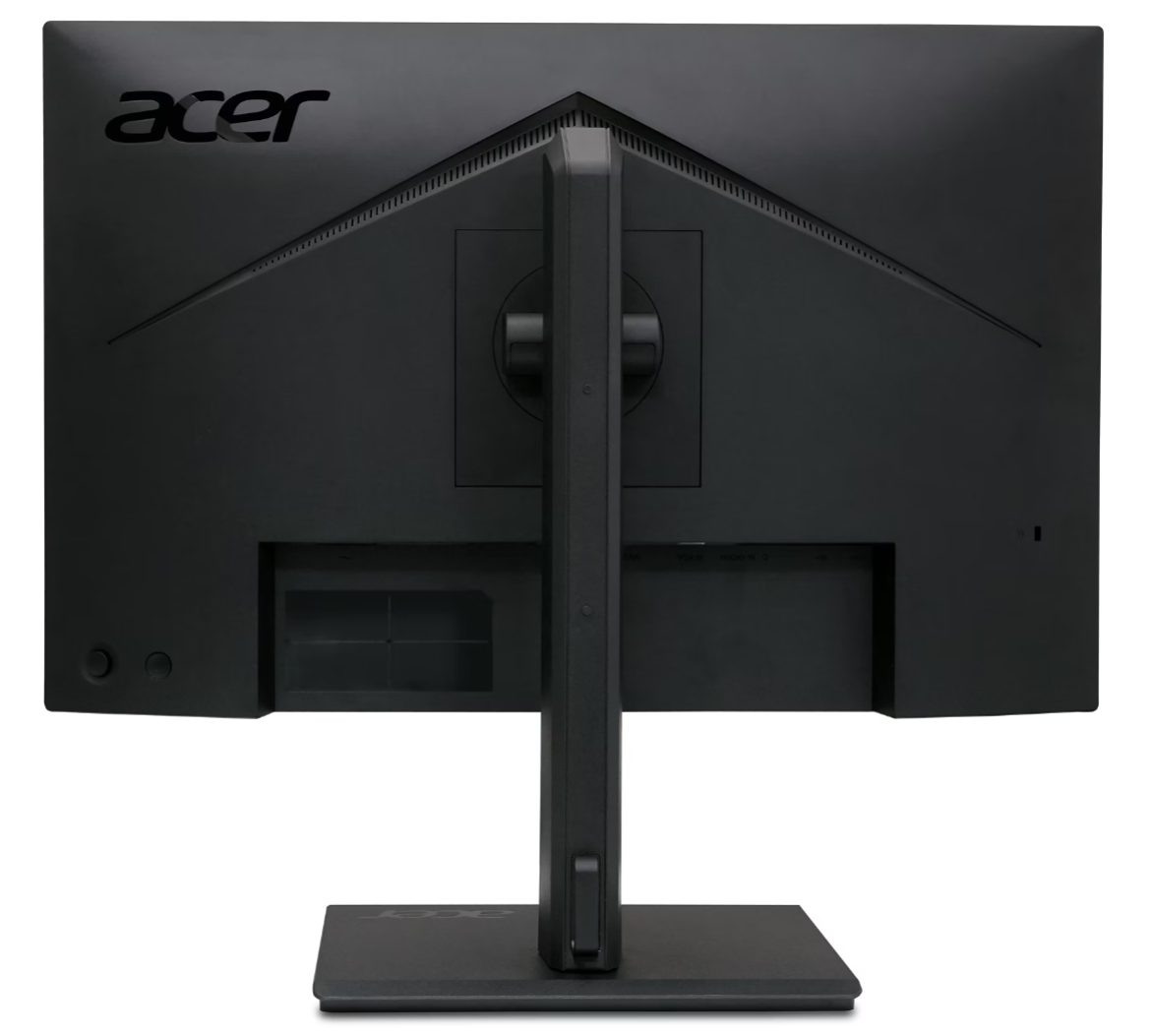 Fekete Acer monitor hátoldala állvánnyal és kábelrendezővel.