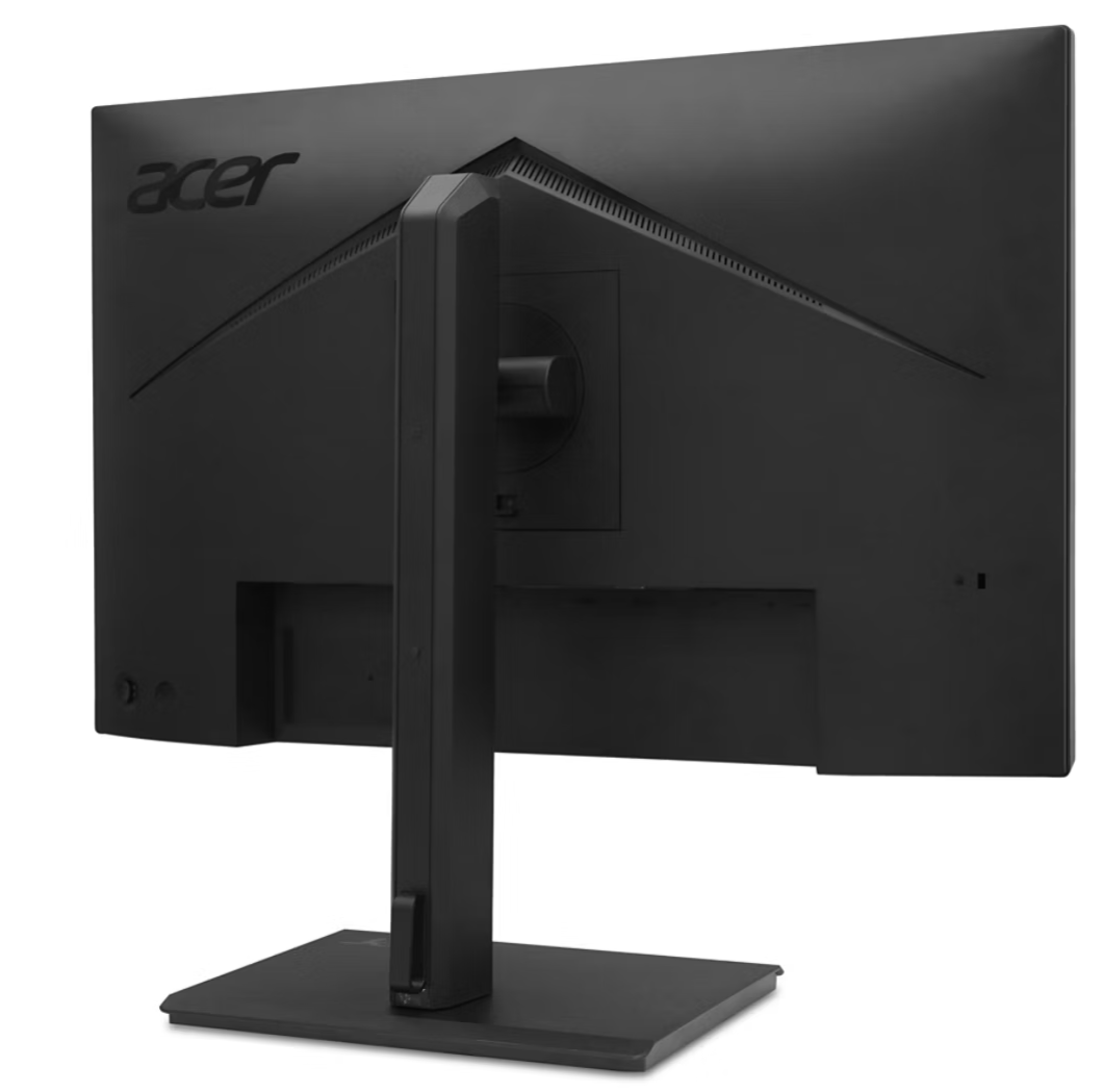 Fekete Acer monitor hátulnézete, ezüst állvánnyal.